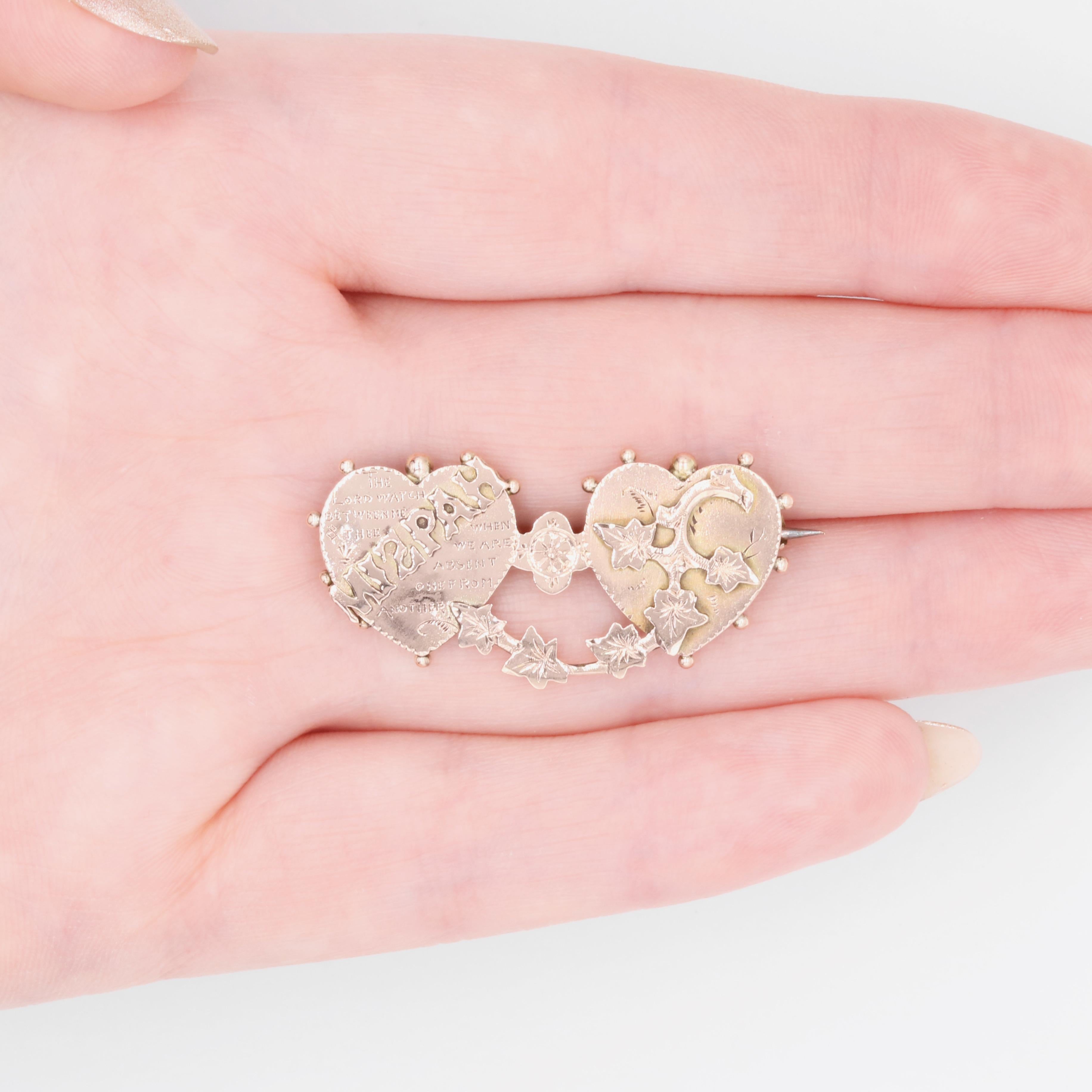 Antique Victorian 9K Rose Gold Double Heart ‘MIZPAH’ Brooch For Sale 5