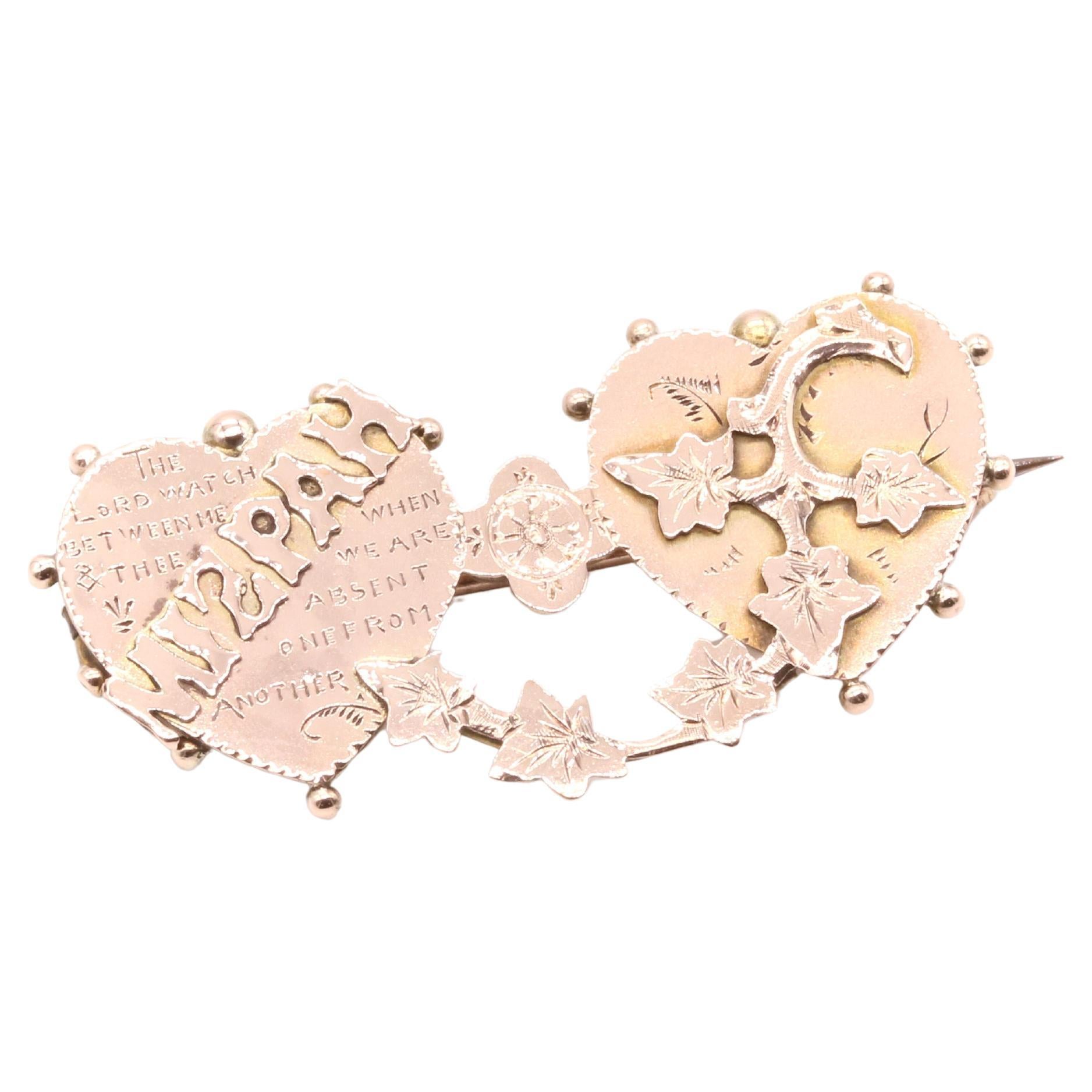 Antique Victorian 9K Rose Gold Double Heart ‘MIZPAH’ Brooch