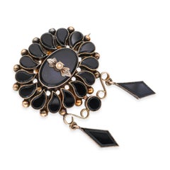 Antique Victorian 9k Rose Gold Jet and Seed Pearl Mourning Brooch