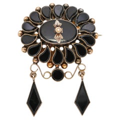 Antique Victorian 9k Rose Gold Jet and Seed Pearl Mourning Brooch