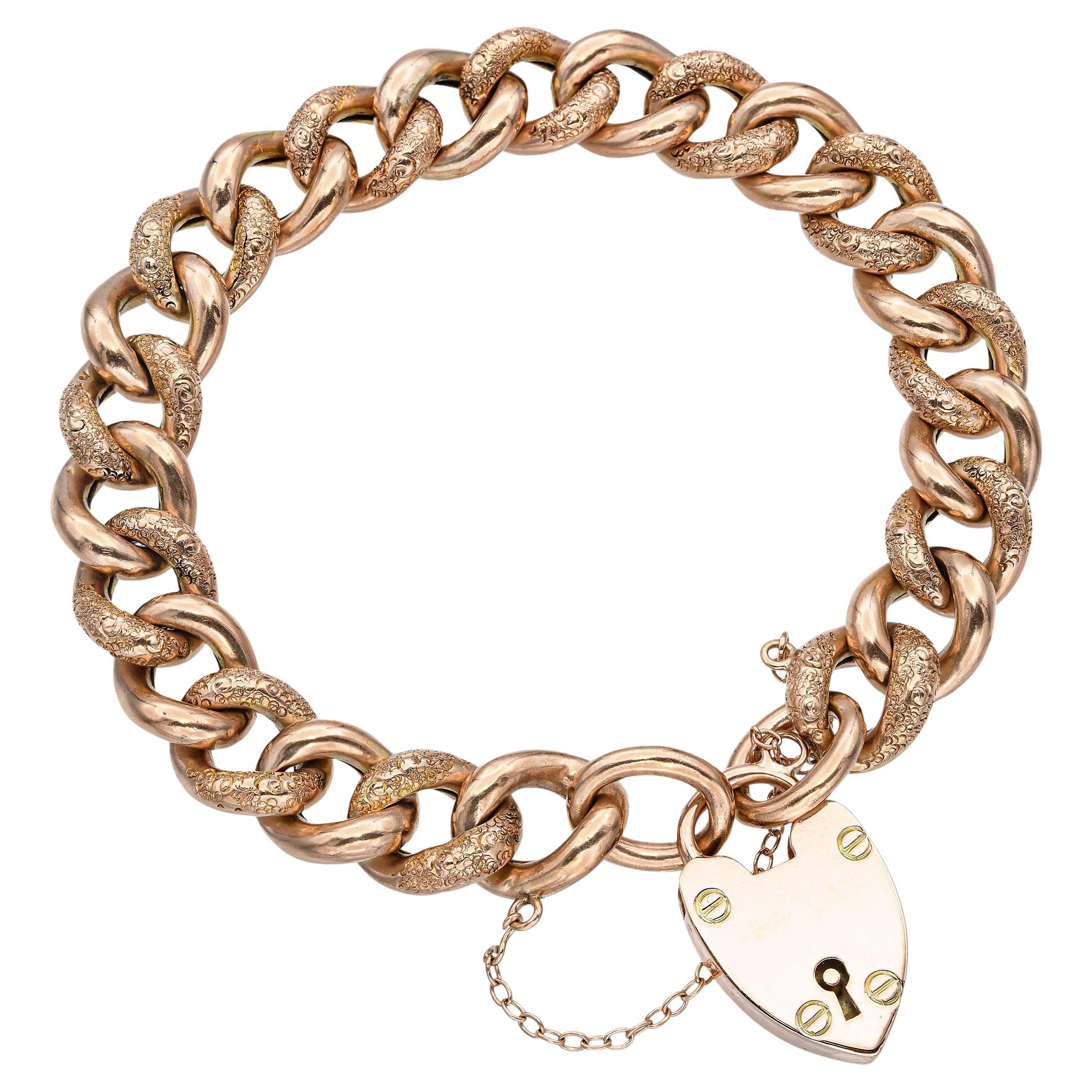 Antique bracelet victorien en or rose 9k à maillons et fermoir en forme de coeur