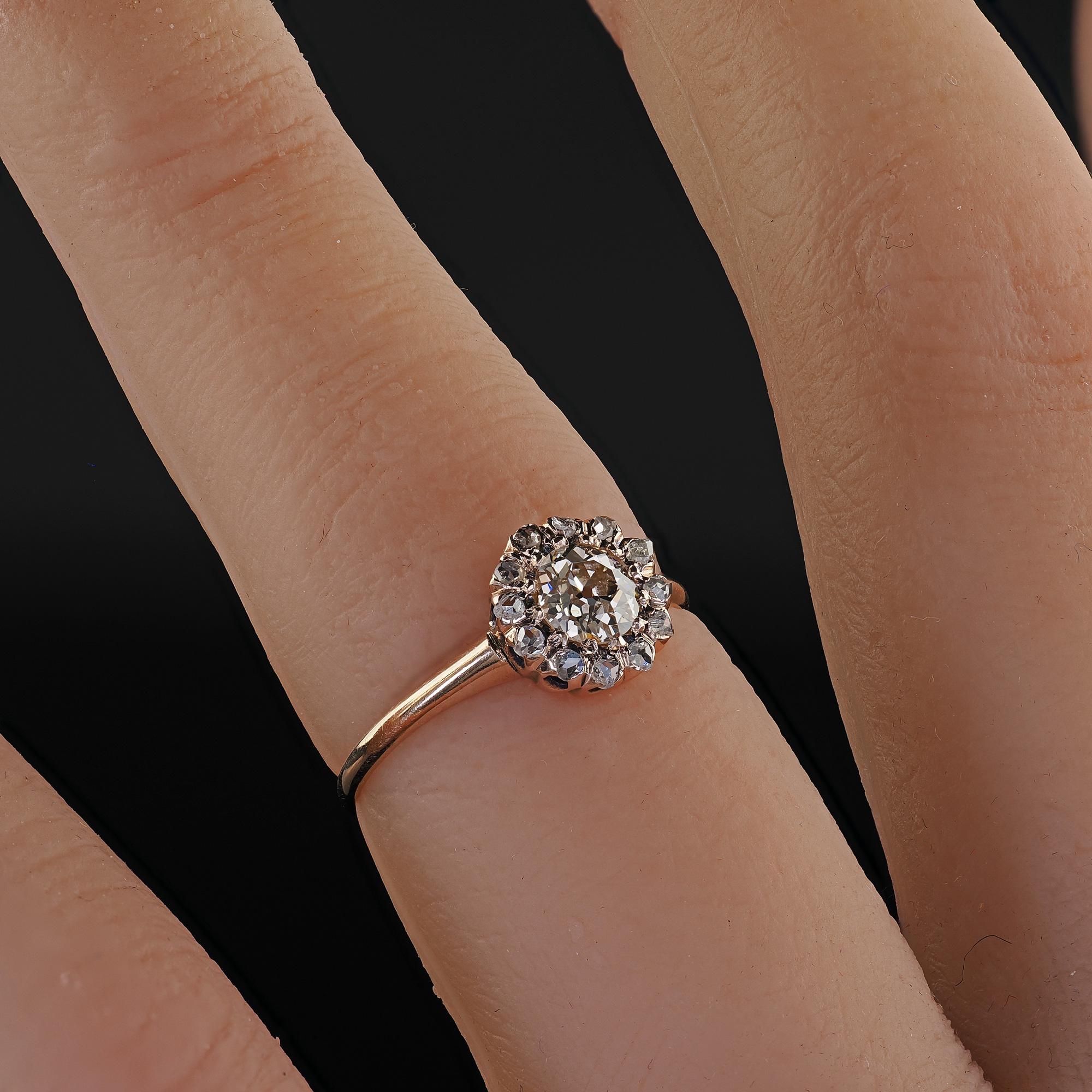 Antique Victorian 9K Rose Gold Old Mine Cut Diamond Cluster Engagement Ring For Sale 6