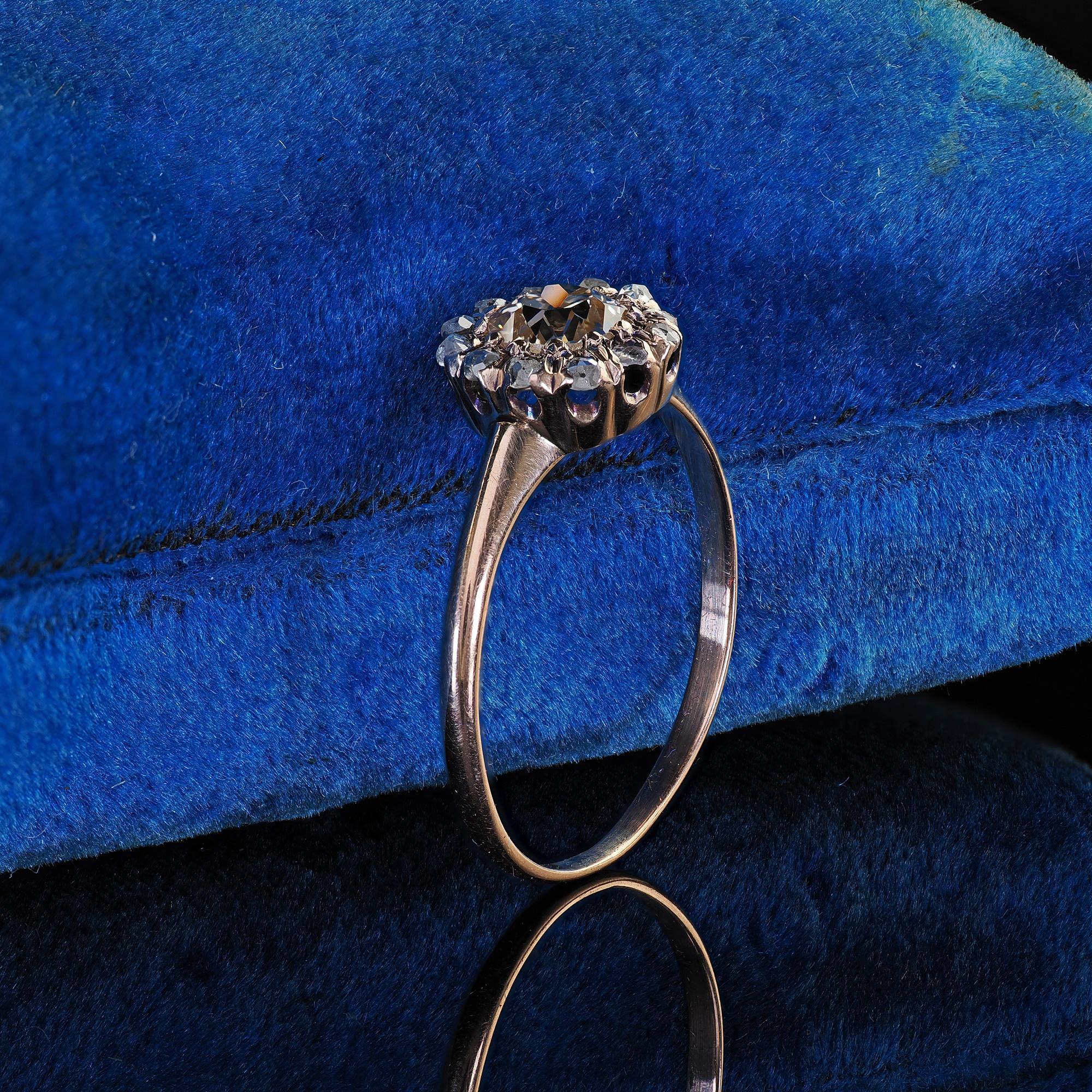 Antique Victorian 9K Rose Gold Old Mine Cut Diamond Cluster Engagement Ring In Good Condition For Sale In Great Neck, NY