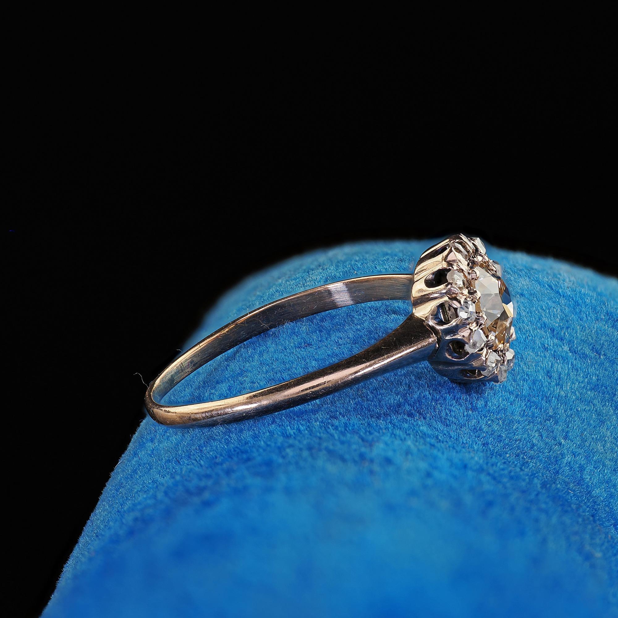 Women's Antique Victorian 9K Rose Gold Old Mine Cut Diamond Cluster Engagement Ring For Sale