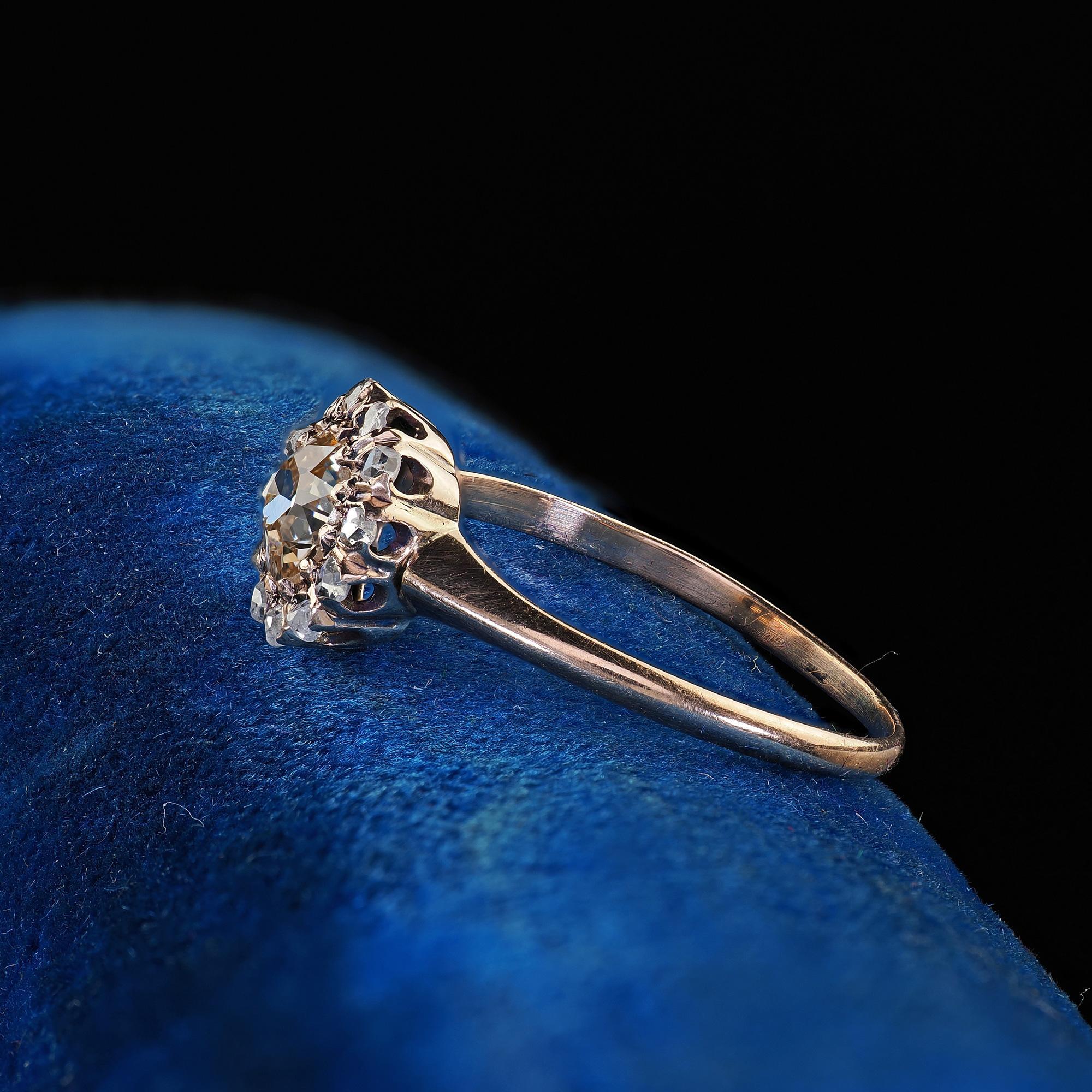 Antique Victorian 9K Rose Gold Old Mine Cut Diamond Cluster Engagement Ring For Sale 1