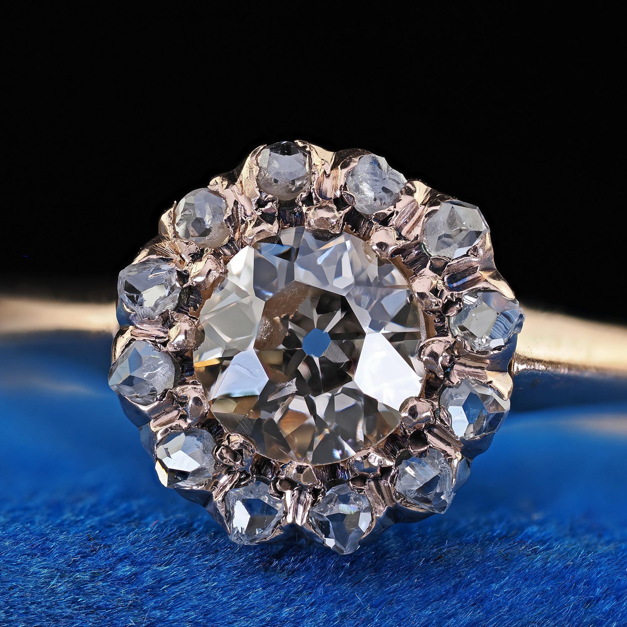 Antique Victorian 9K Rose Gold Old Mine Cut Diamond Cluster Engagement Ring For Sale 2