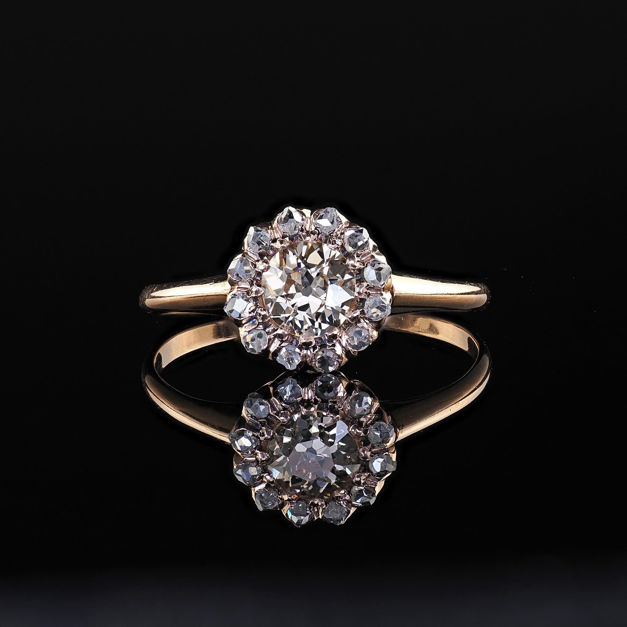 Antique Victorian 9K Rose Gold Old Mine Cut Diamond Cluster Engagement Ring For Sale 3