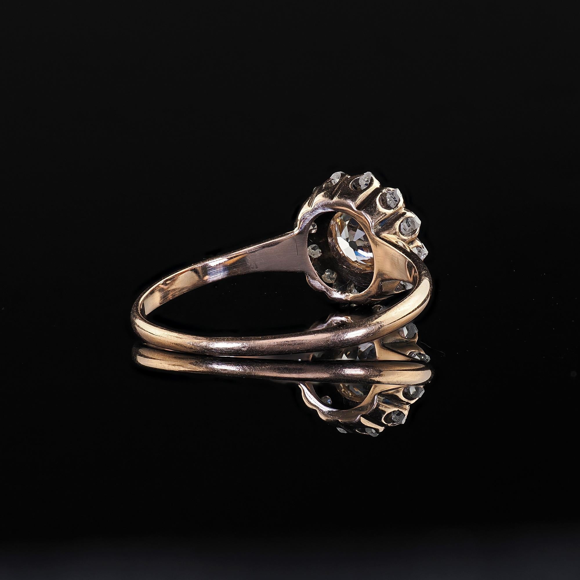 Antique Victorian 9K Rose Gold Old Mine Cut Diamond Cluster Engagement Ring For Sale 4