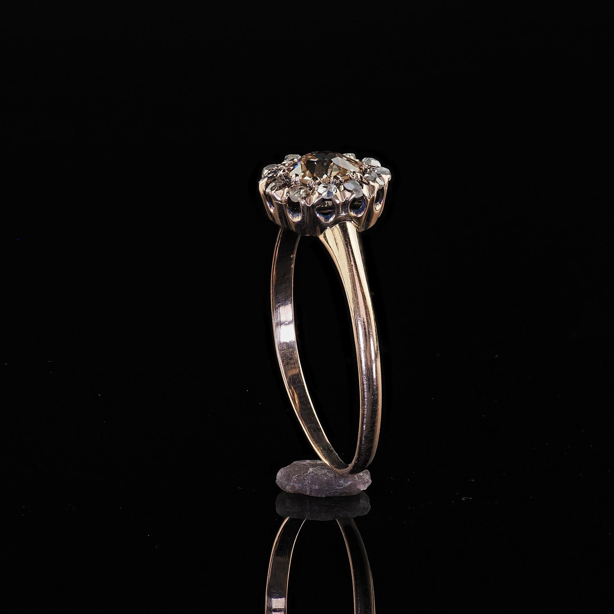 Antique Victorian 9K Rose Gold Old Mine Cut Diamond Cluster Engagement Ring For Sale 5