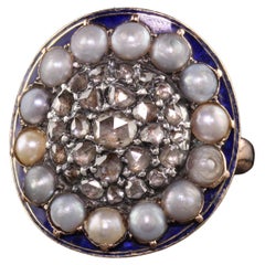 Antique Victorian 9K Rose Gold Rose Cut Diamond and Enamel Statement Ring