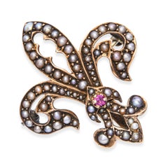 Antique Victorian 9k Rose Gold Seed Pearl and Ruby Fleur De Lis Brooch