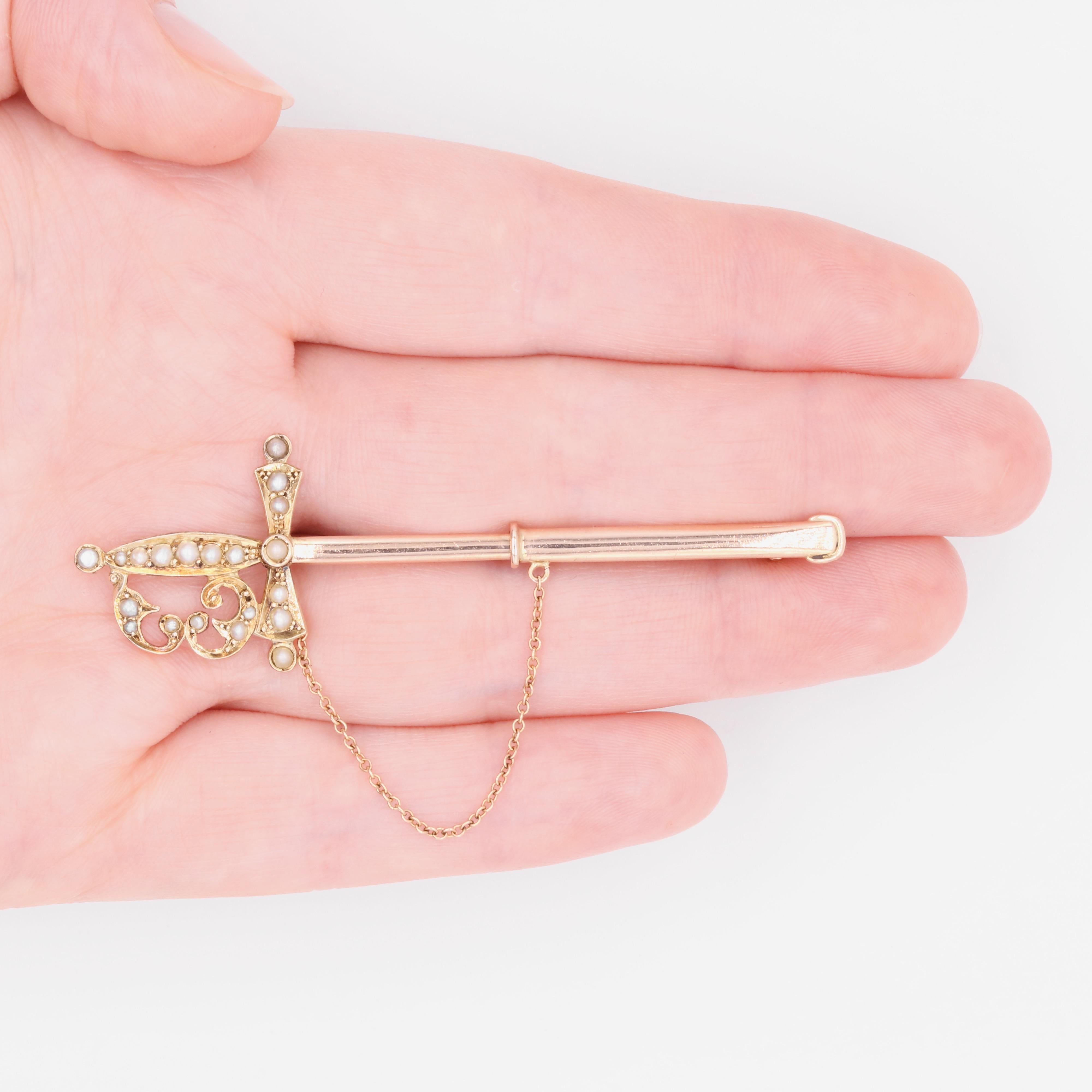 Antique Victorian 9K Rose Gold Seed Pearl Sword Brooch in Original Case For Sale 5