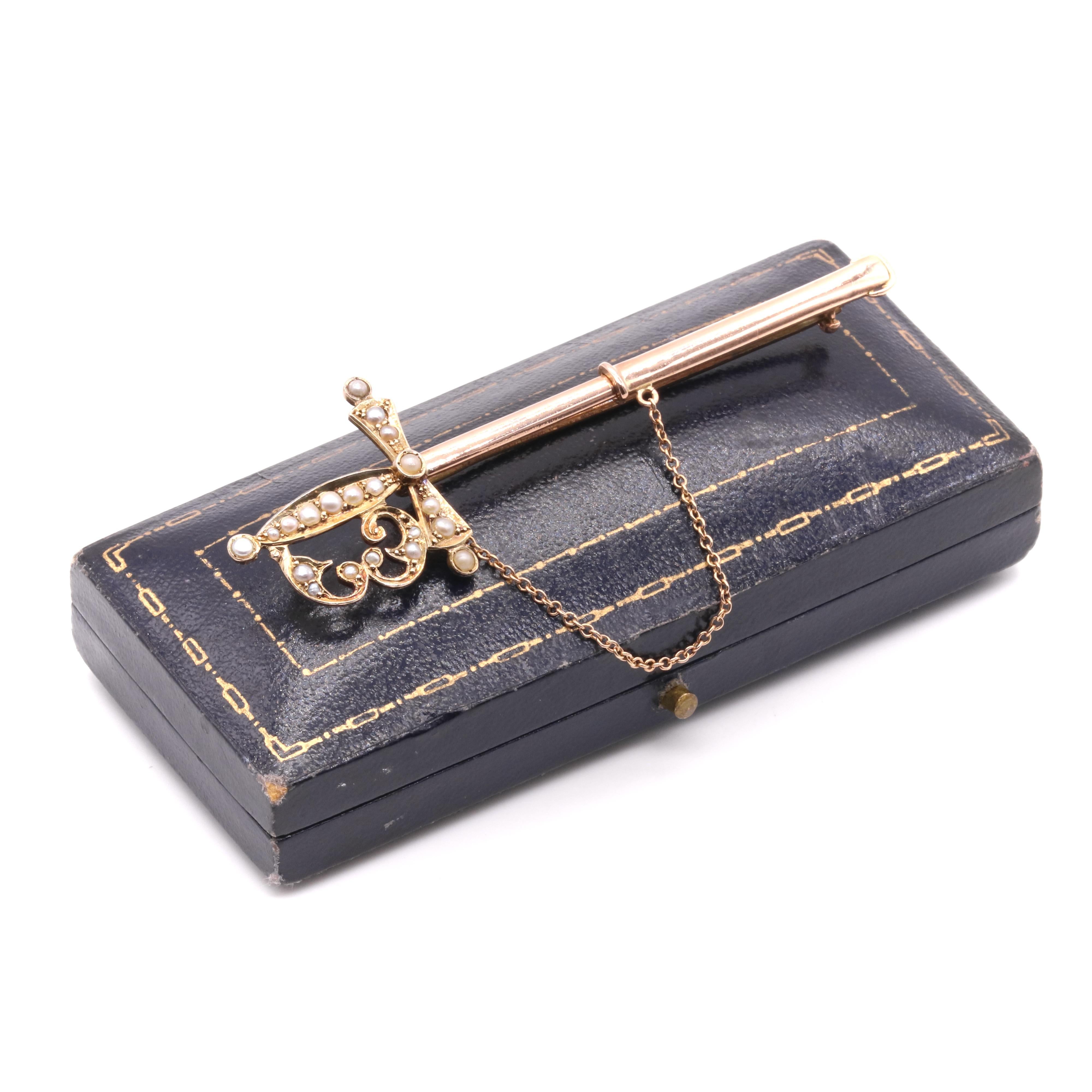 Round Cut Antique Victorian 9K Rose Gold Seed Pearl Sword Brooch in Original Case For Sale
