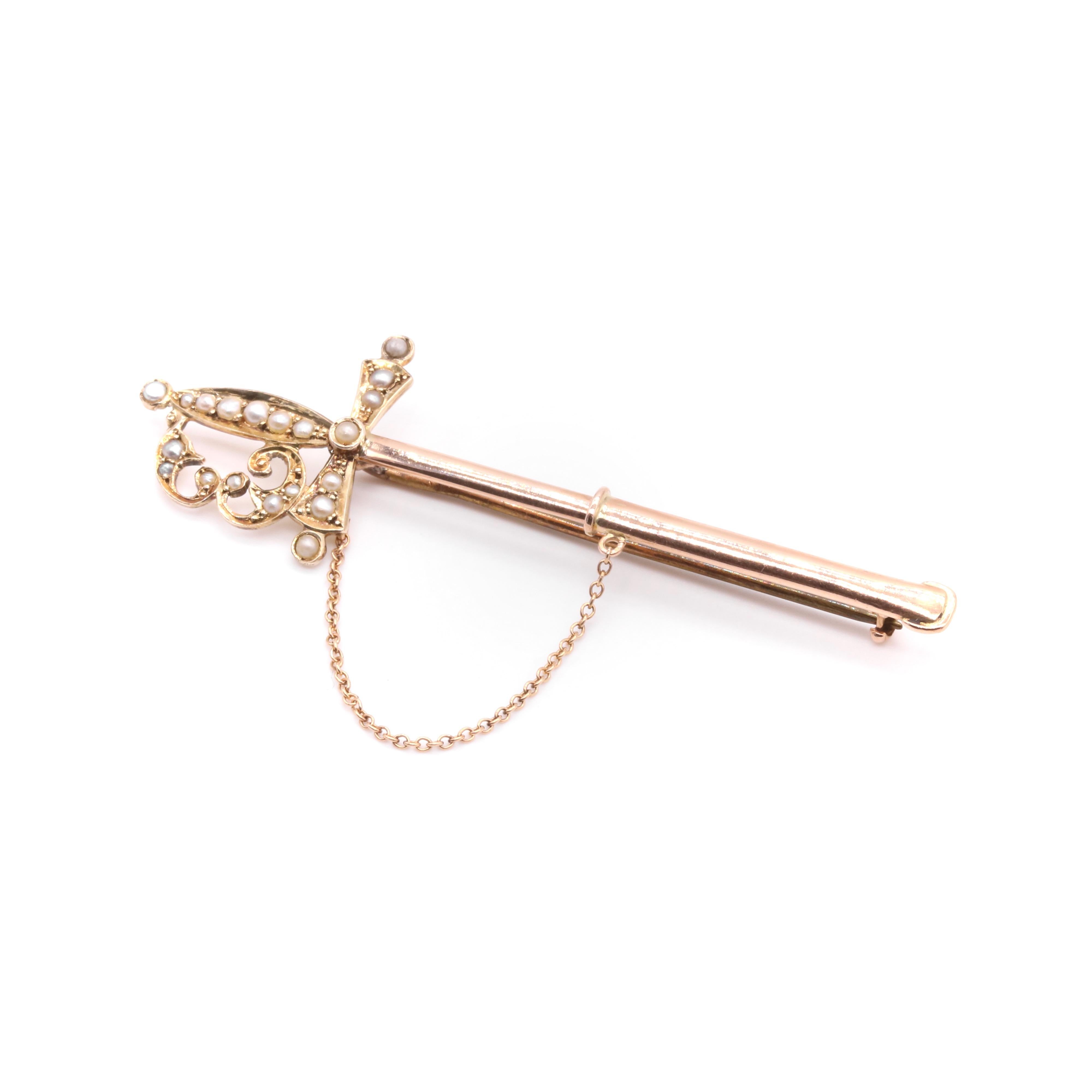 Women's or Men's Antique Victorian 9K Rose Gold Seed Pearl Sword Brooch in Original Case For Sale