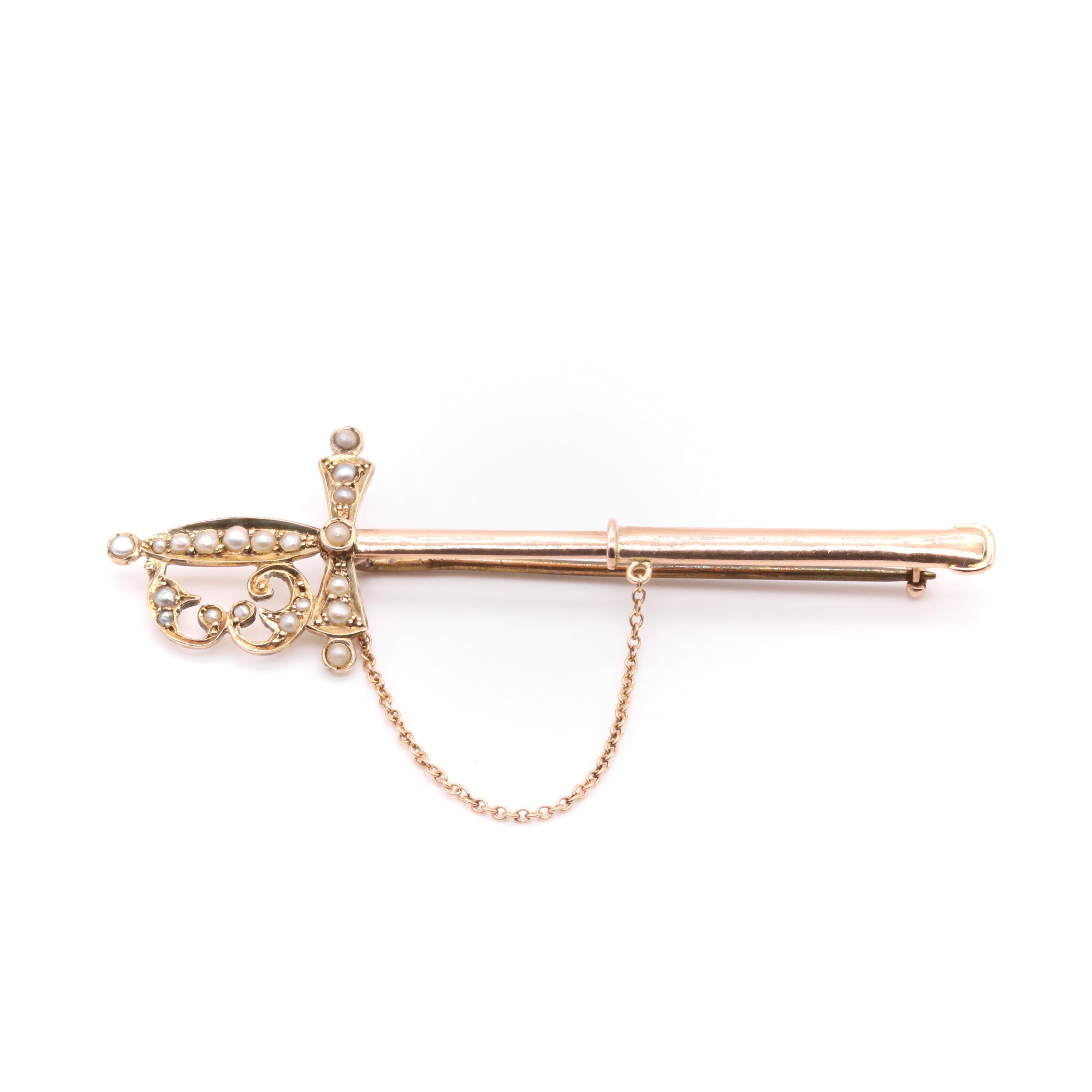 Antique Victorian 9K Rose Gold Seed Pearl Sword Brooch in Original Case For Sale 1