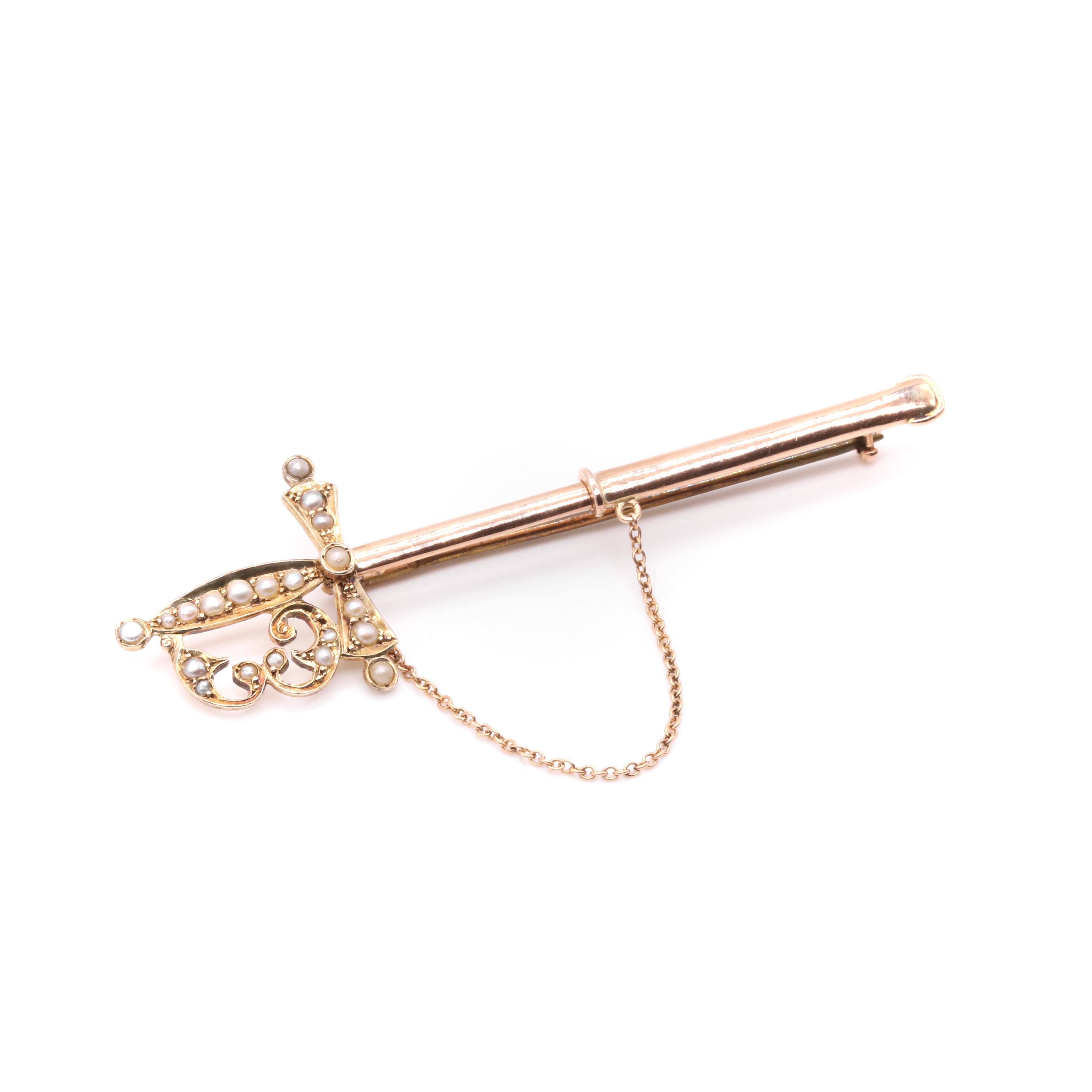 Antique Victorian 9K Rose Gold Seed Pearl Sword Brooch in Original Case For Sale 2