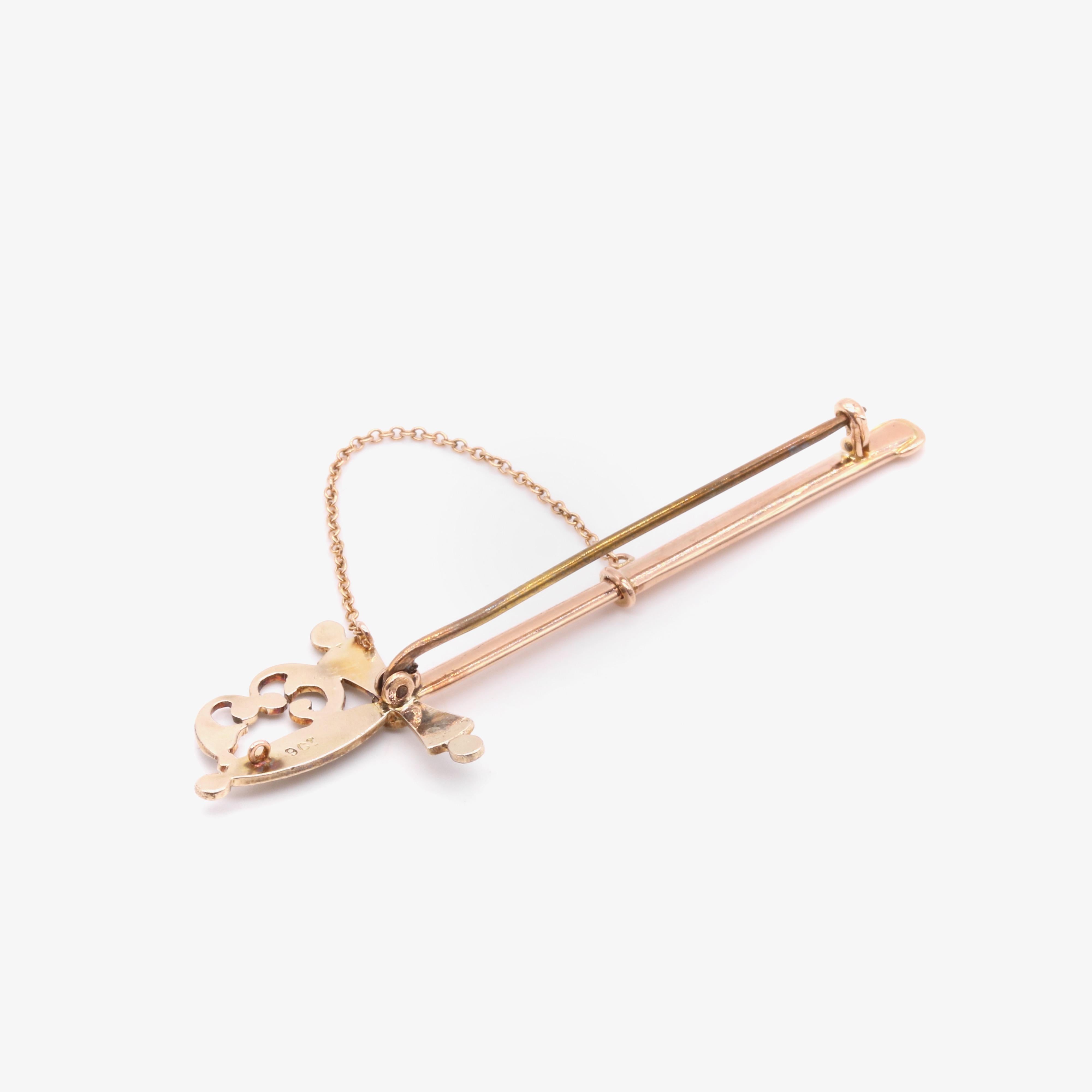 Antique Victorian 9K Rose Gold Seed Pearl Sword Brooch in Original Case For Sale 3