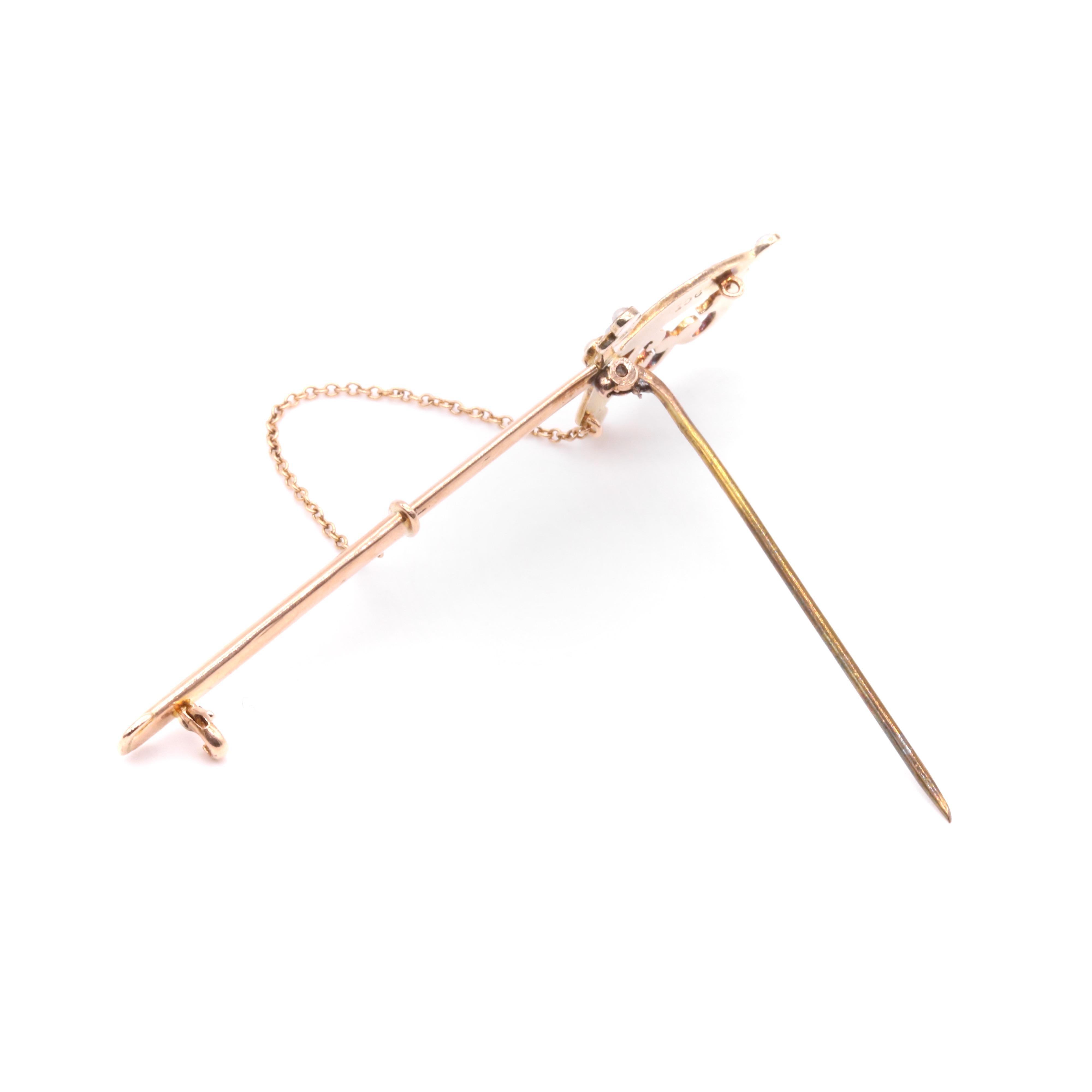 Antique Victorian 9K Rose Gold Seed Pearl Sword Brooch in Original Case For Sale 4