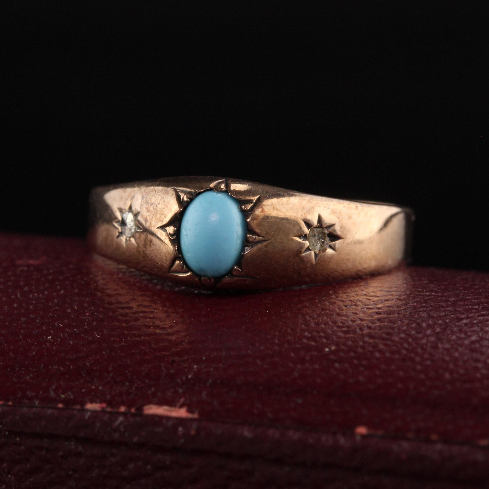 Beautiful Antique Victorian 9K Rose Gold Turquoise and Diamond Ring. This ring is crafted in 9k rose gold. The center holds a turquoise that has two small rose cuts on the sides.

Item #R1343

Metal: 9K Rose Gold

Weight: .8 Grams

Size: 6