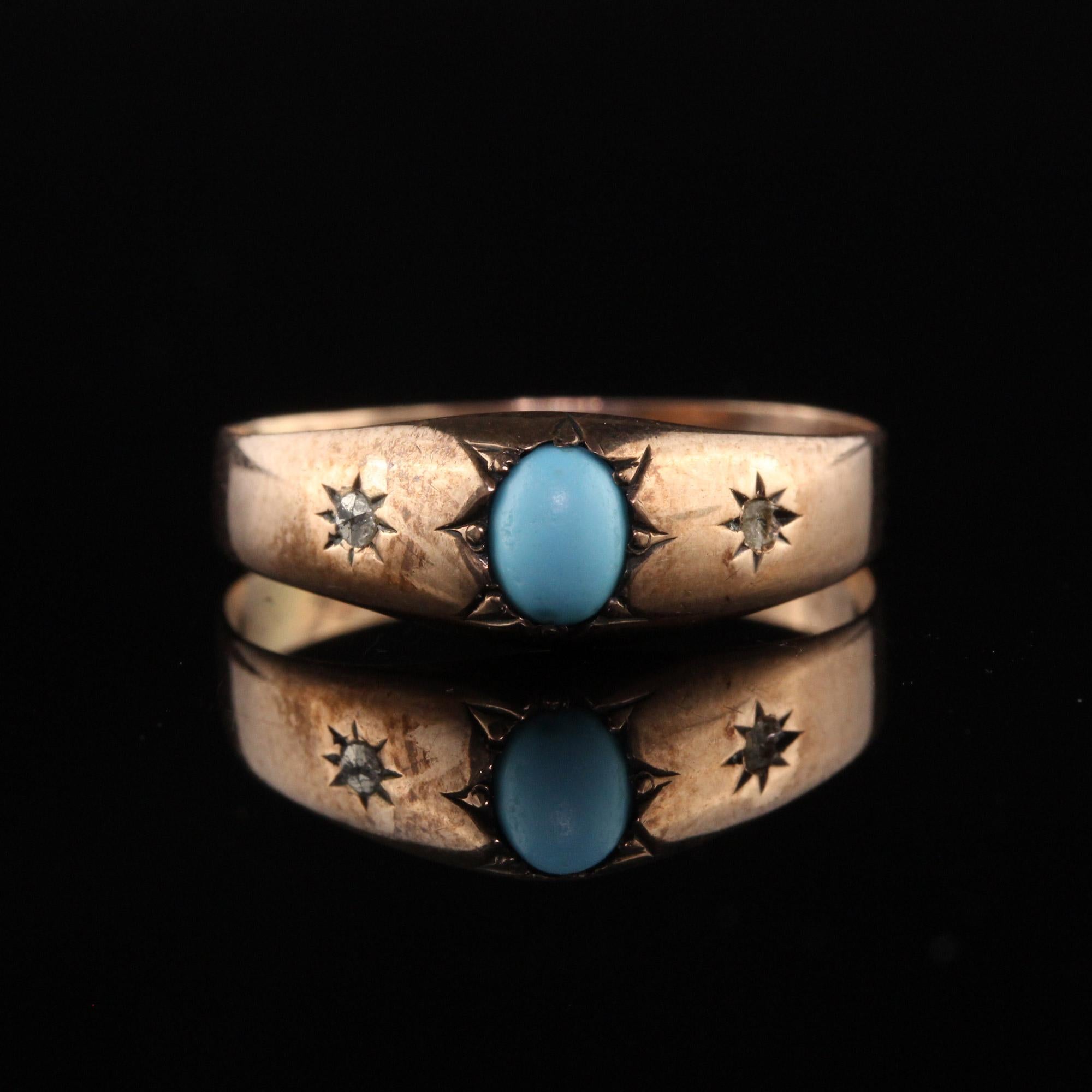 Rose Cut Antique Victorian 9K Rose Gold Turquoise and Diamond Ring For Sale