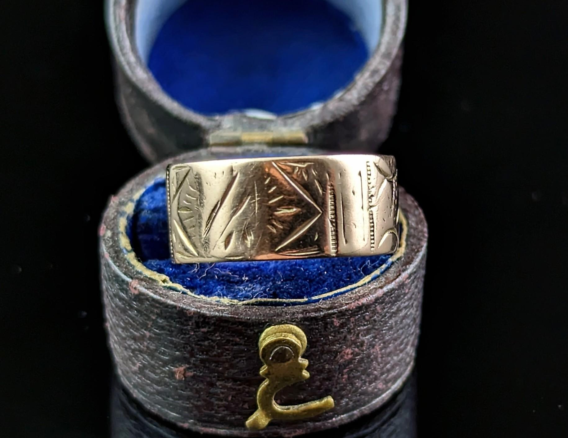 Antique Victorian 9k Rose Gold Wide Engraved Band Ring, Cigar Band, Wedding 7