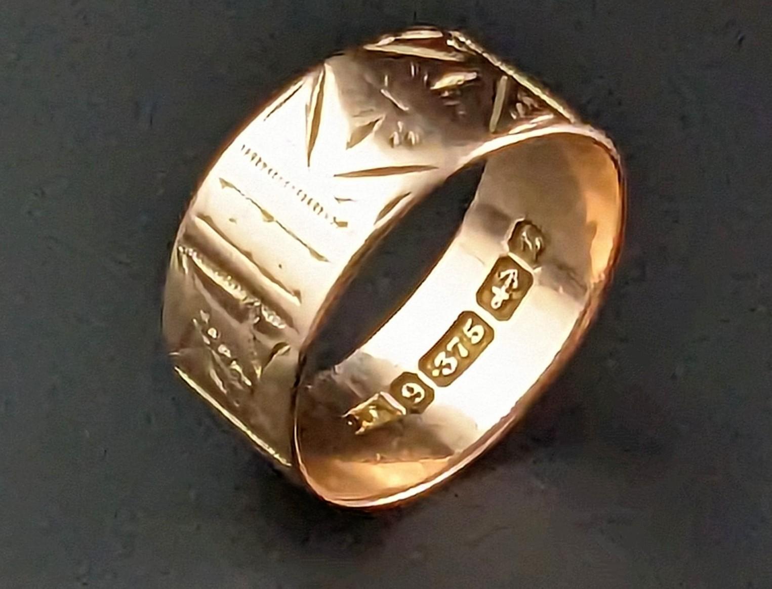 You can't help but be charmed by these old gold engraved band rings.

This Victorian era 9kt Rose gold, engraved band ring leans into the romantic sentiments of the Victorians, simplicity but engraved with a pretty geometric pattern to add a little