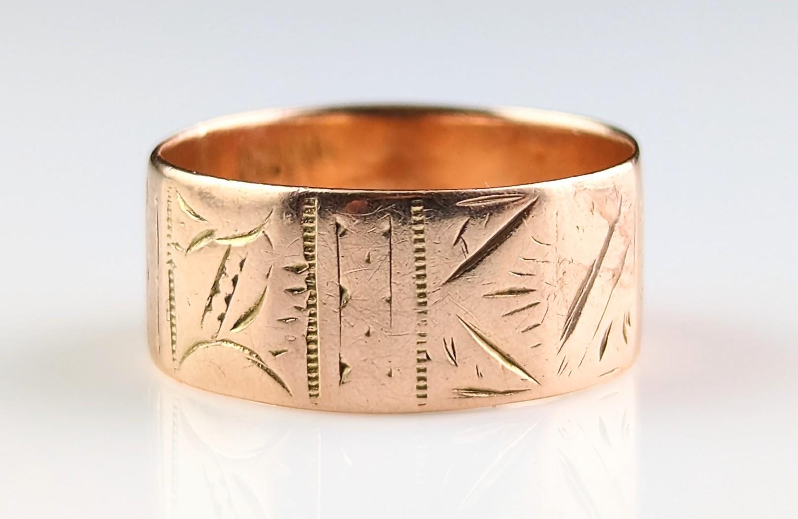 Women's or Men's Antique Victorian 9k Rose Gold Wide Engraved Band Ring, Cigar Band, Wedding