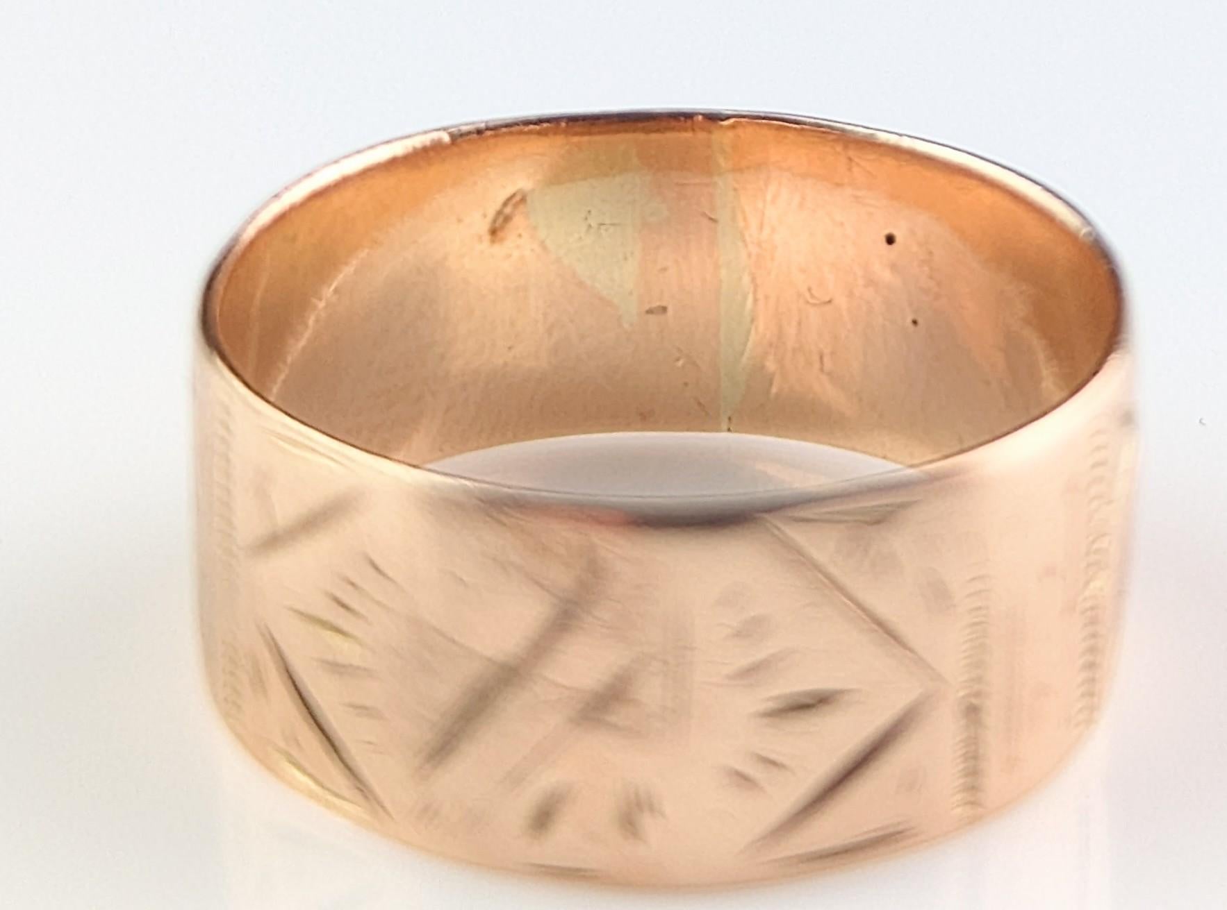 Antique Victorian 9k Rose Gold Wide Engraved Band Ring, Cigar Band, Wedding 2