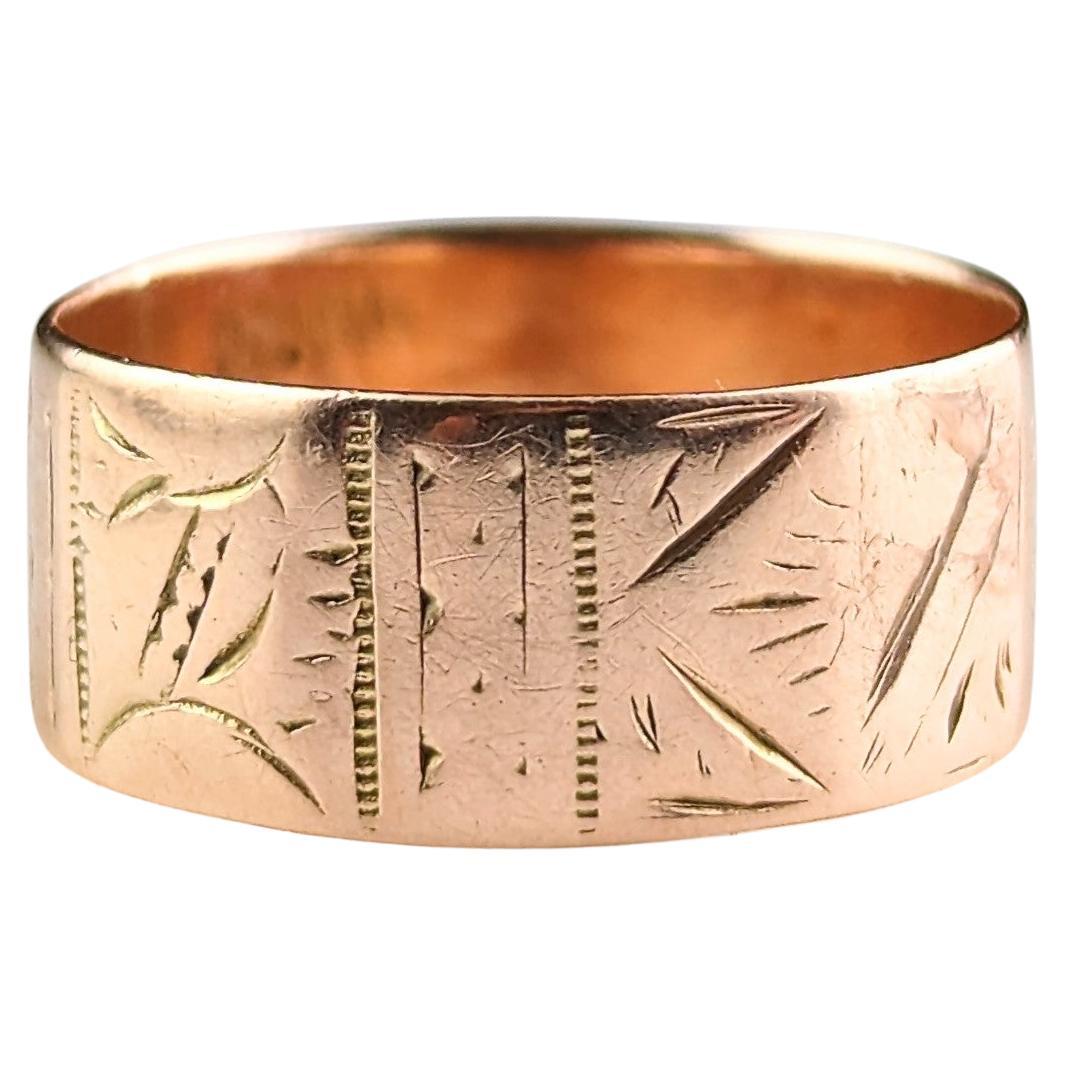 Antique Victorian 9k Rose Gold Wide Engraved Band Ring Cigar Band Antique Victorian 9k Rose Gold Wide Engraved Band Ring Cigar Band