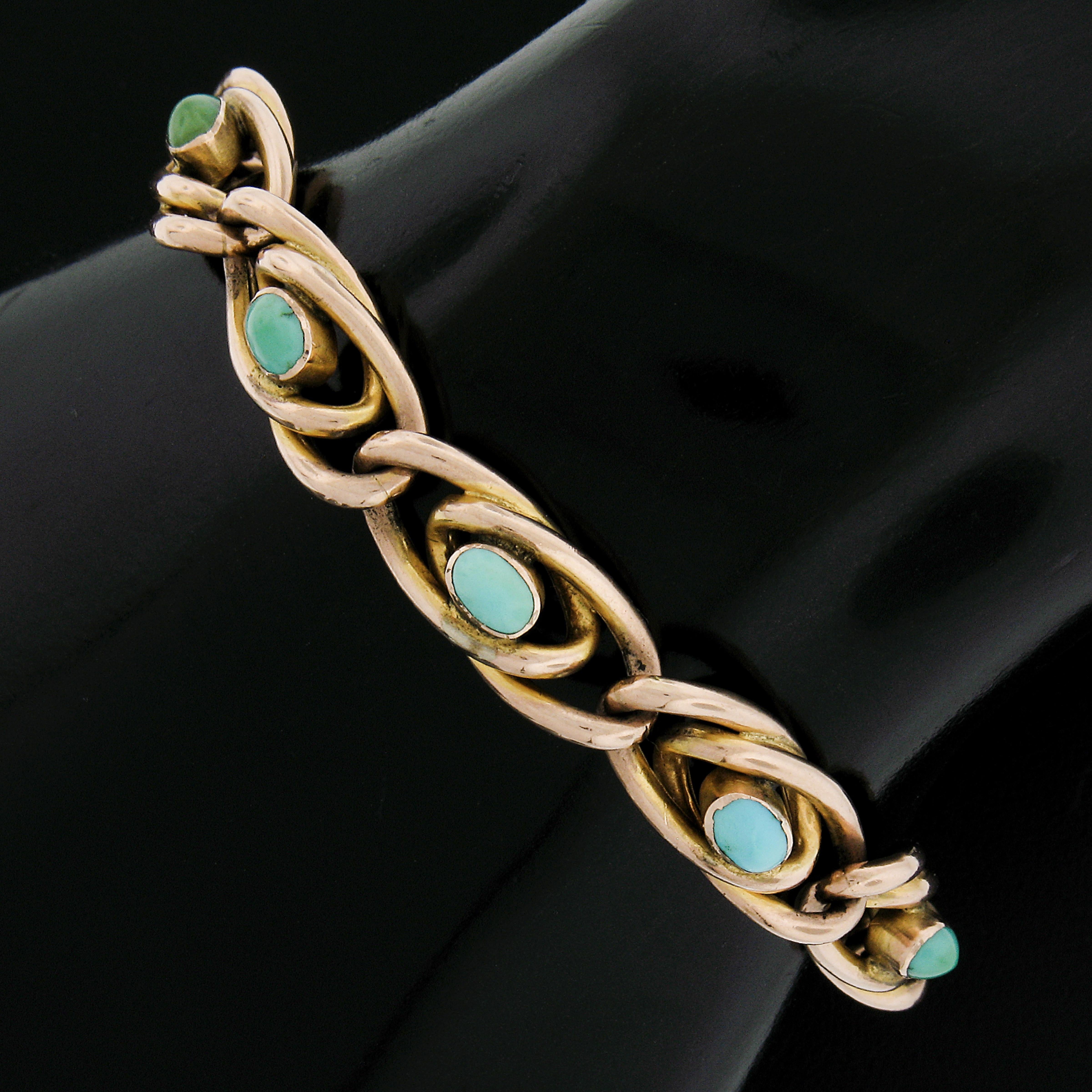 --Stone(s):--
(5) Natural Genuine Turquoise - Oval Cabochon Cut - Bezel Set - Natural Variation of Greenish-Blue Turquoise Color - 5.3x3mm each (approx.)

Material: Solid 9k Rosy Yellow Gold
Weight: 9.73 Grams
Type: Interlocking Curb Link
Length: