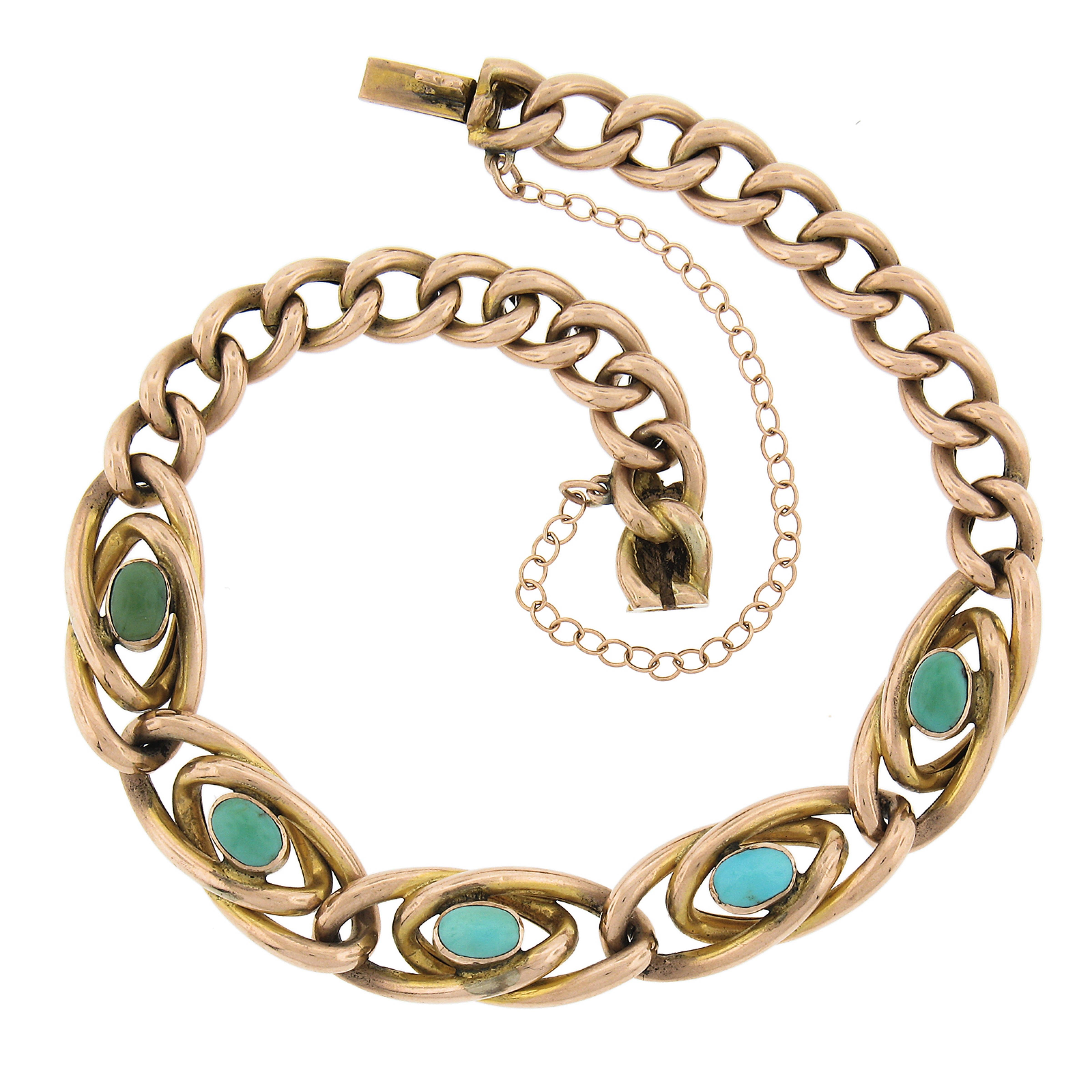 Antique Victorian 9k Rosy Gold Cabochon Turquoise Interlocking Curb Bracelet In Excellent Condition For Sale In Montclair, NJ