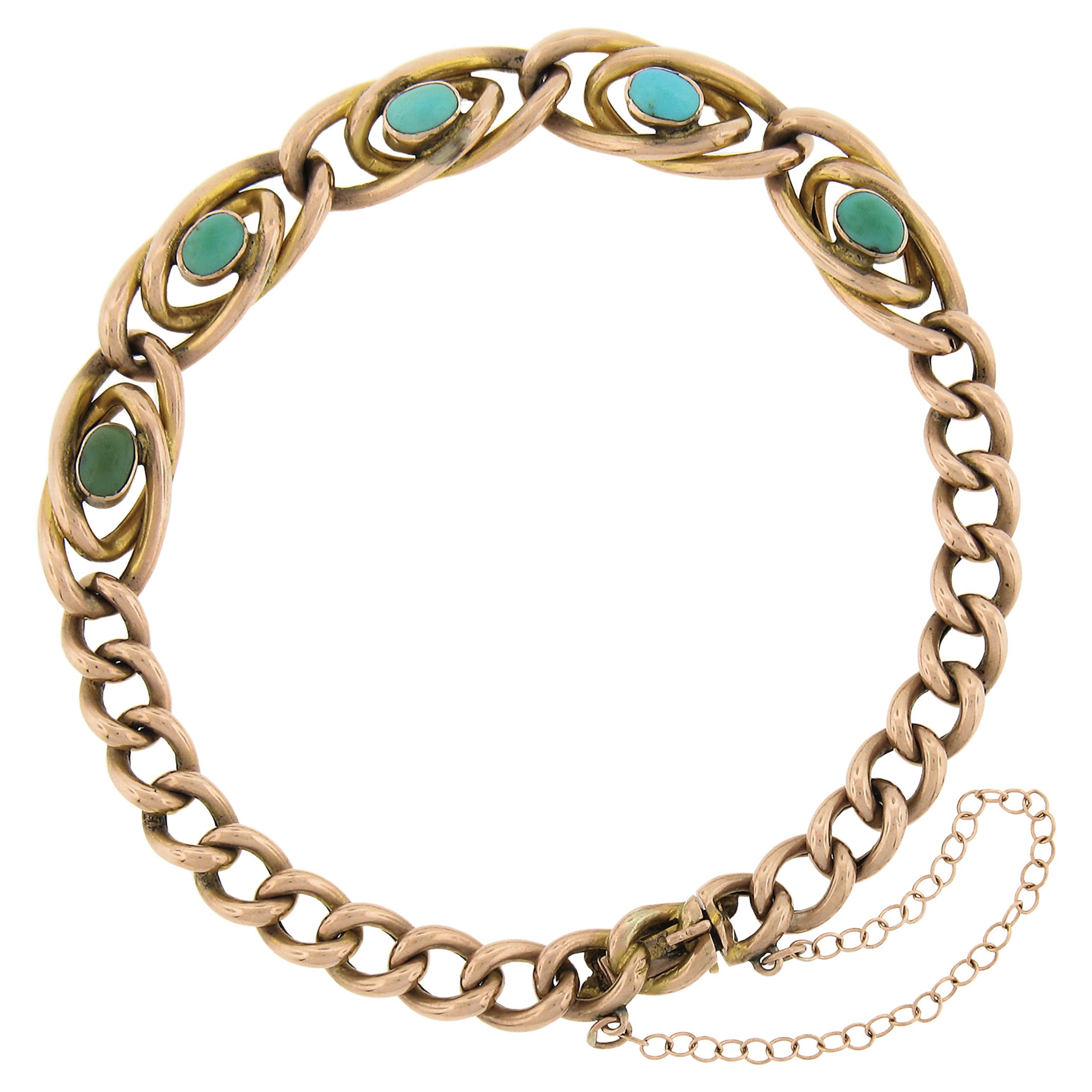 Antique Victorian 9k Rosy Gold Cabochon Turquoise Interlocking Curb Bracelet