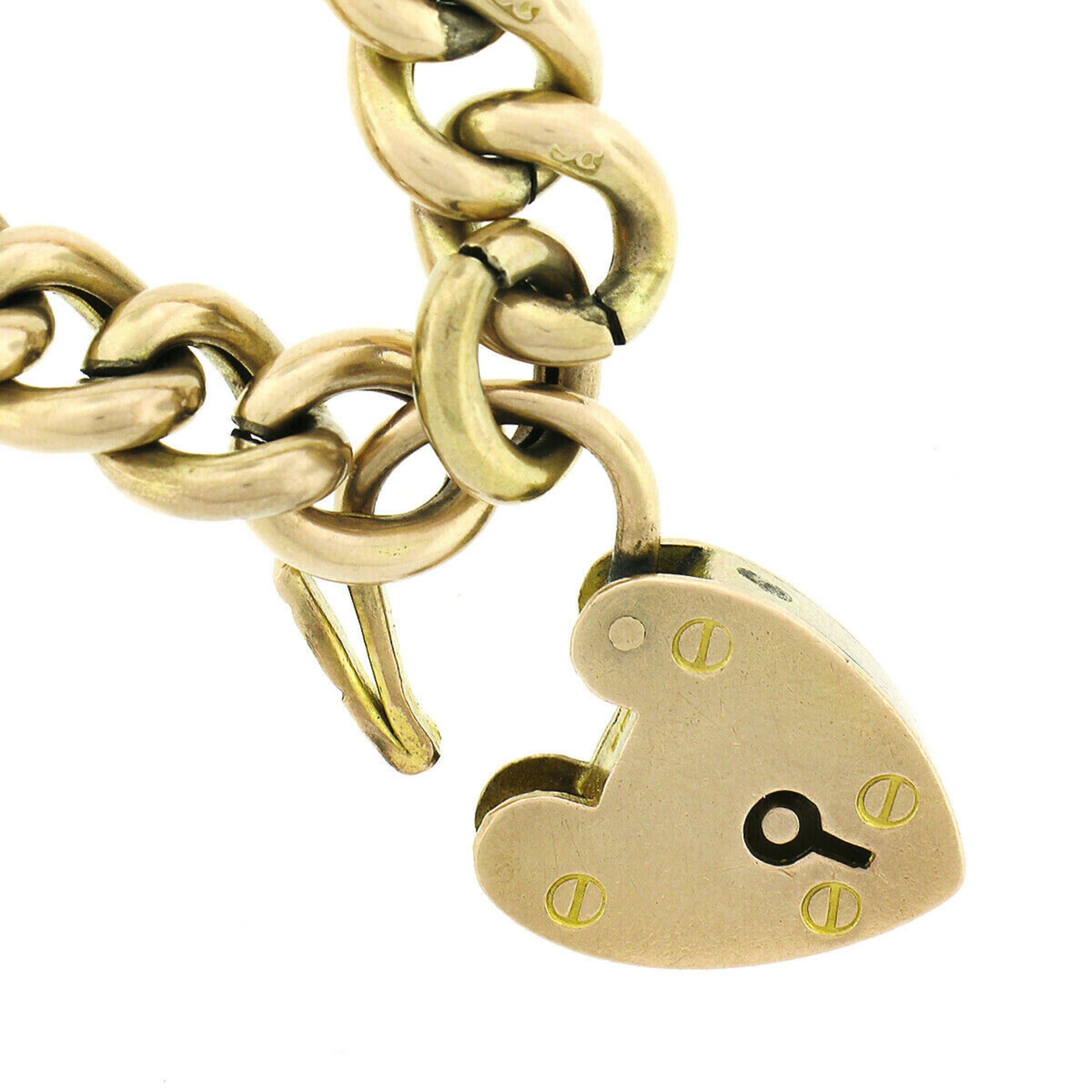 Women's or Men's Antique Victorian 9K Rosy Yellow Gold Heart Gate Lock Curb Link Chain Bracelet