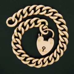 Antique Victorian 9K Rosy Yellow Gold Heart Gate Lock Curb Link Chain Bracelet