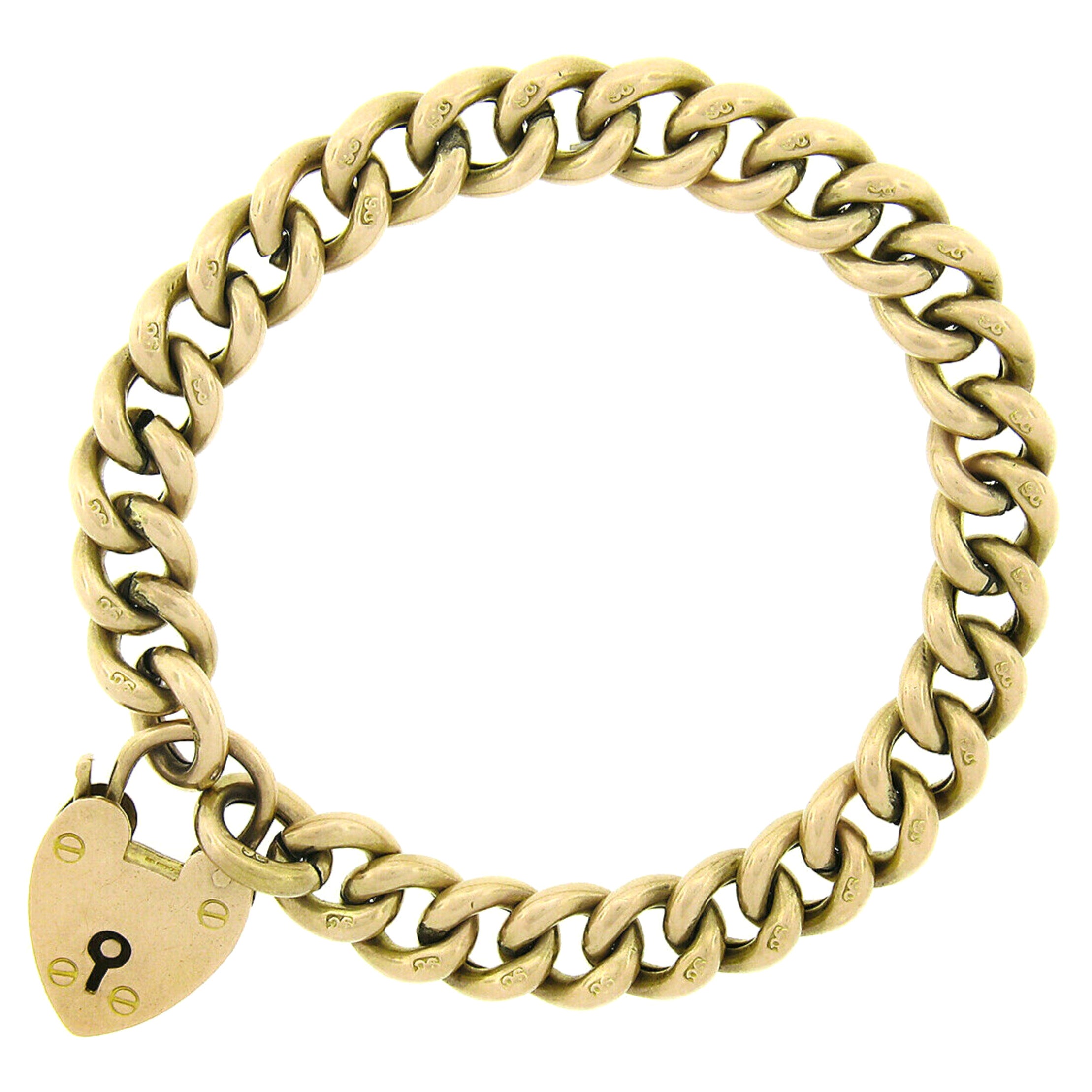 Antique Victorian 9K Rosy Yellow Gold Heart Gate Lock Curb Link Chain Bracelet