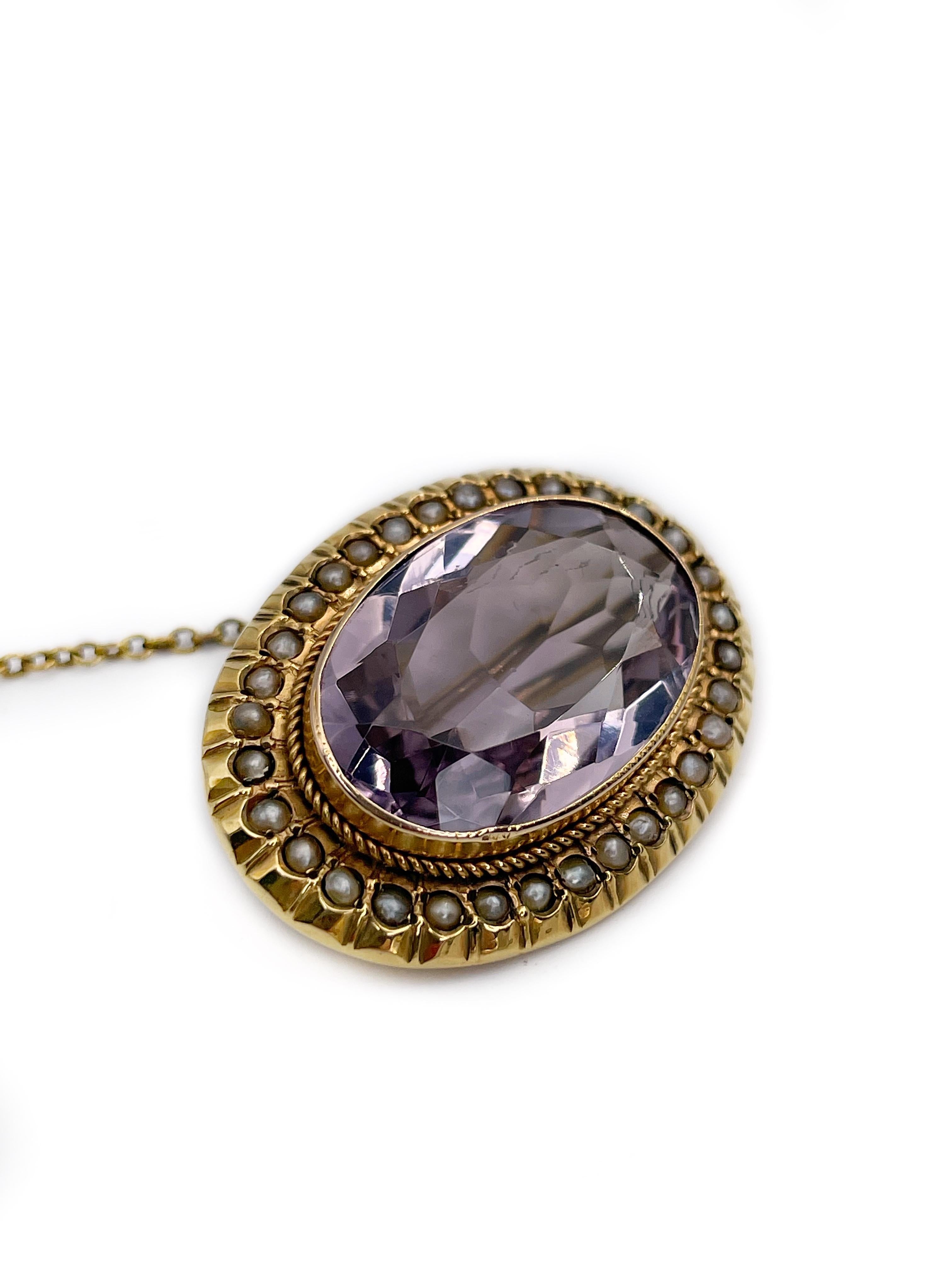 Victorien Broche ovale victorienne en or 9 carats, améthyste violet clair et perles naturelles