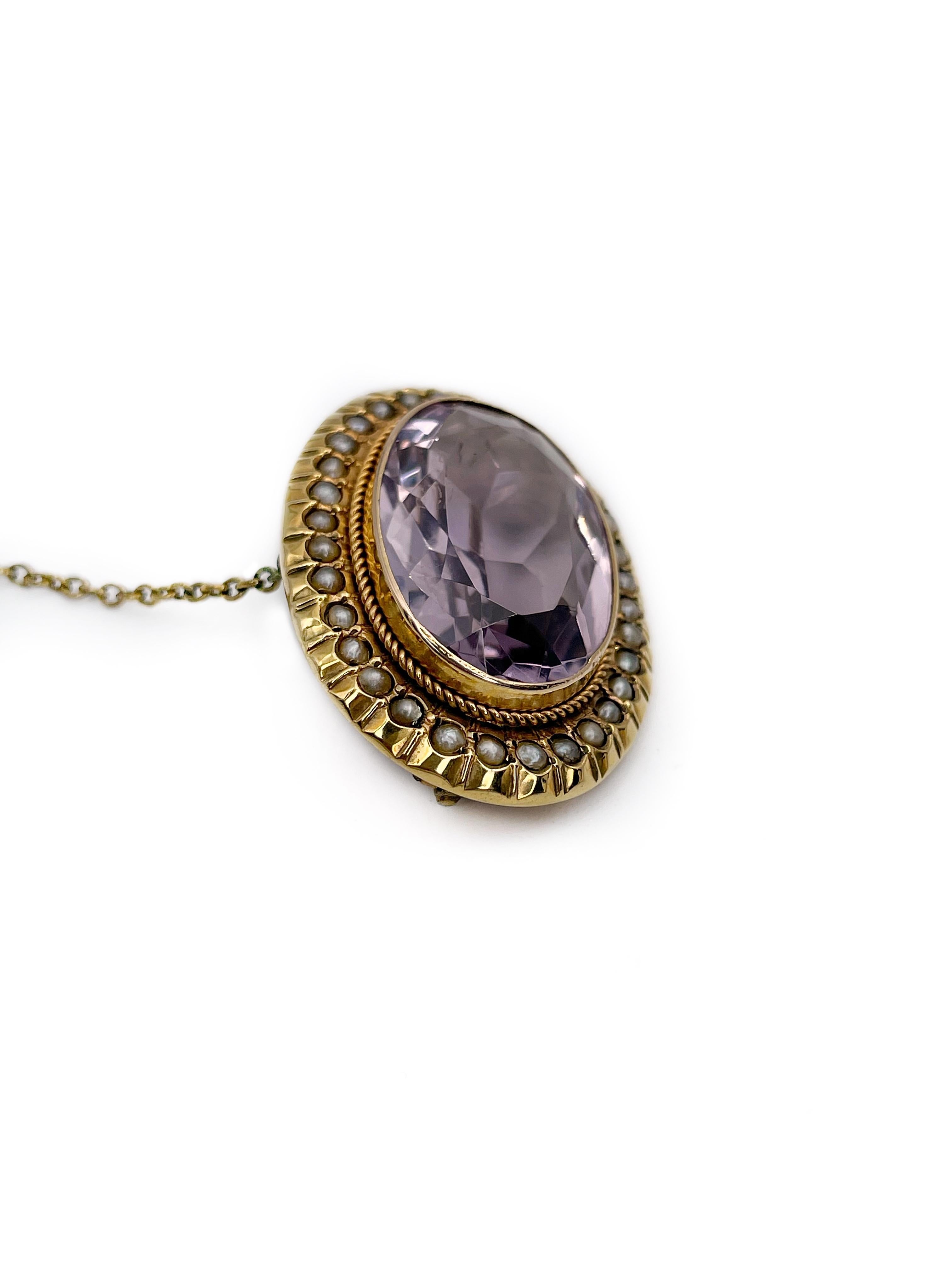 Oval Cut Victorian 9 Karat Gold Light Purple Amethyst Seed Pearl Oval Pin Brooch