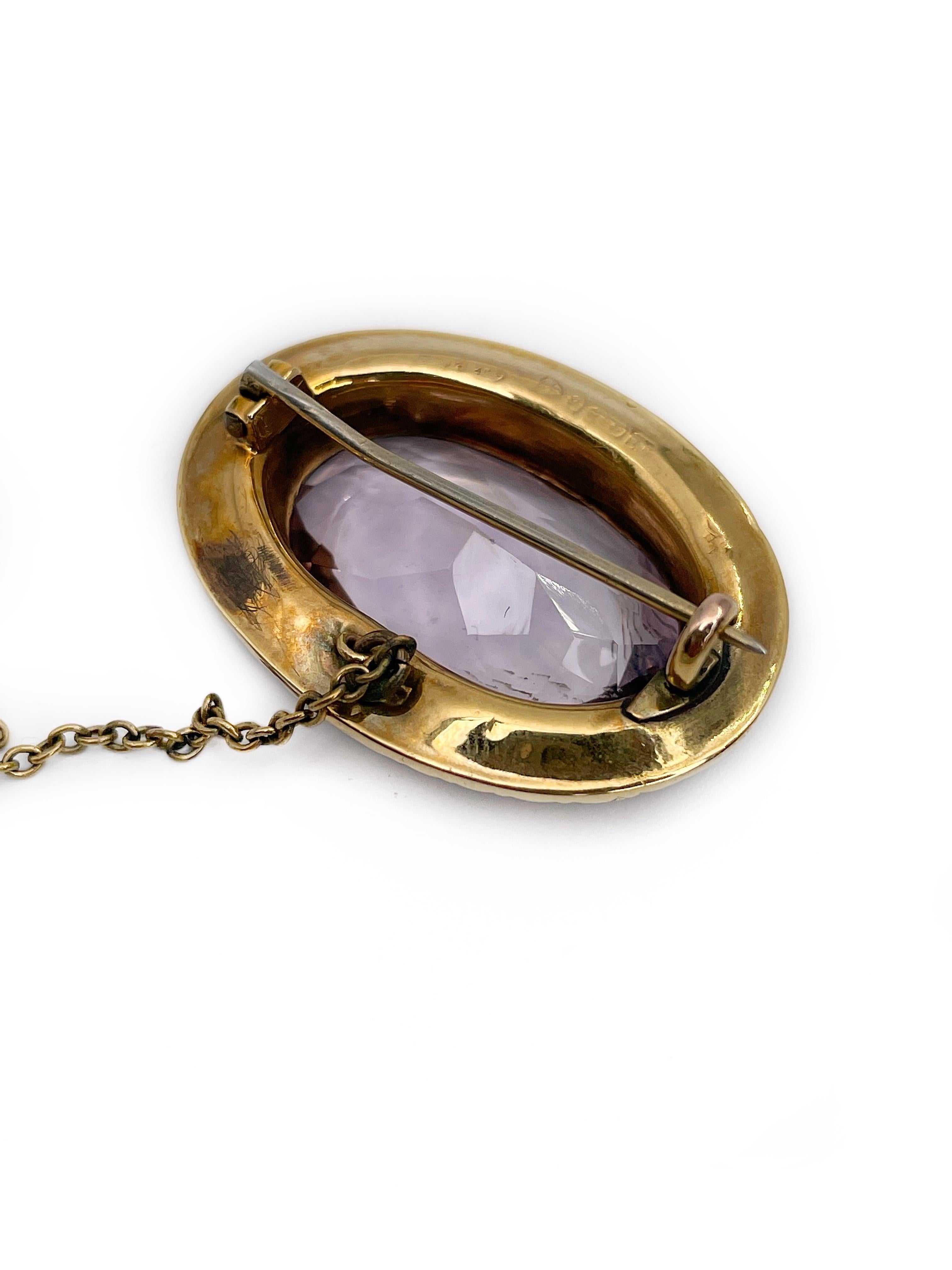 Victorian 9 Karat Gold Light Purple Amethyst Seed Pearl Oval Pin Brooch In Good Condition In Vilnius, LT