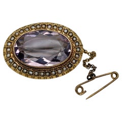 Antique Victorian 9 Karat Gold Light Purple Amethyst Seed Pearl Oval Pin Brooch