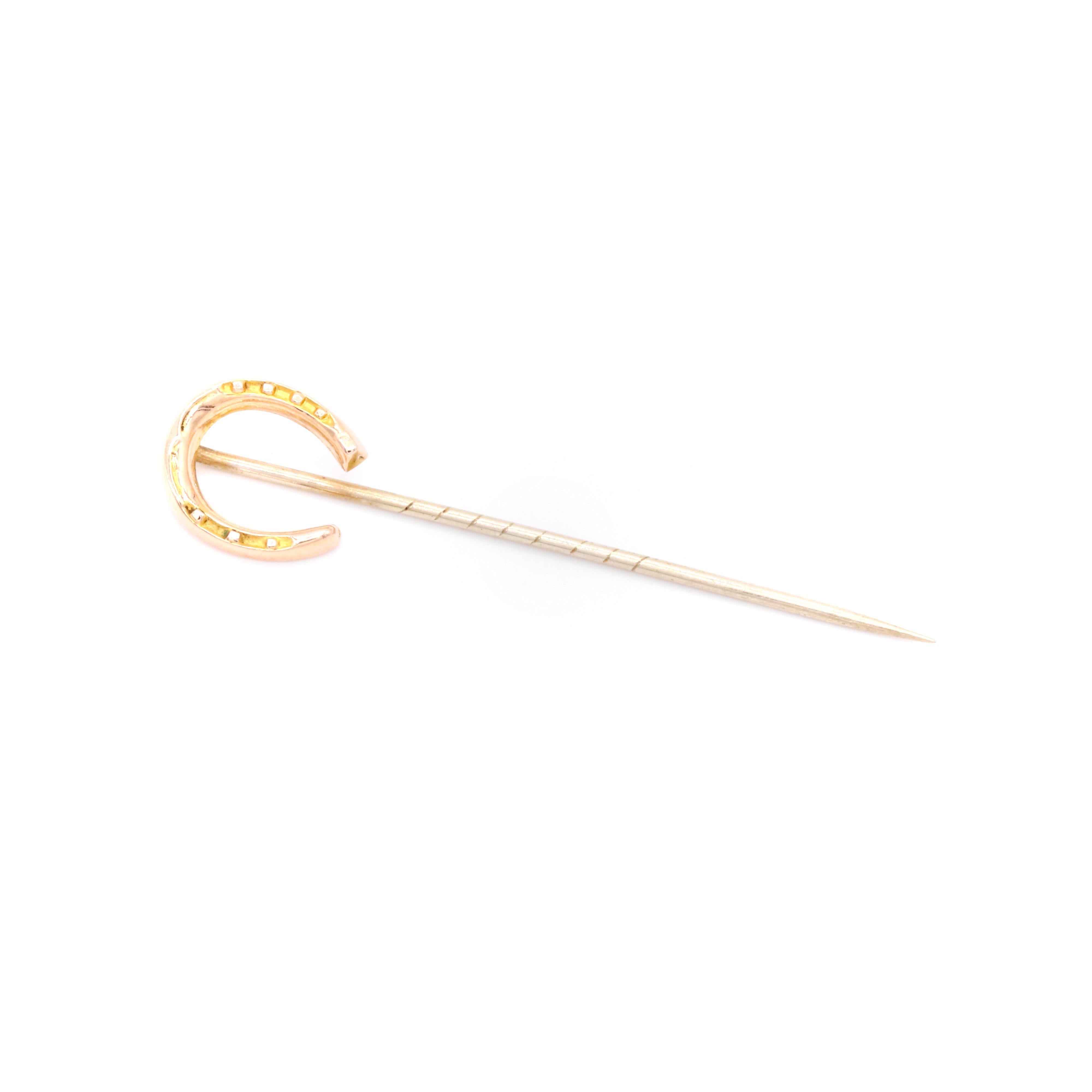 Antique Victorian 9K Yellow Gold and Silver Horseshoe Stick Pin In Good Condition For Sale In Staines-Upon-Thames, GB