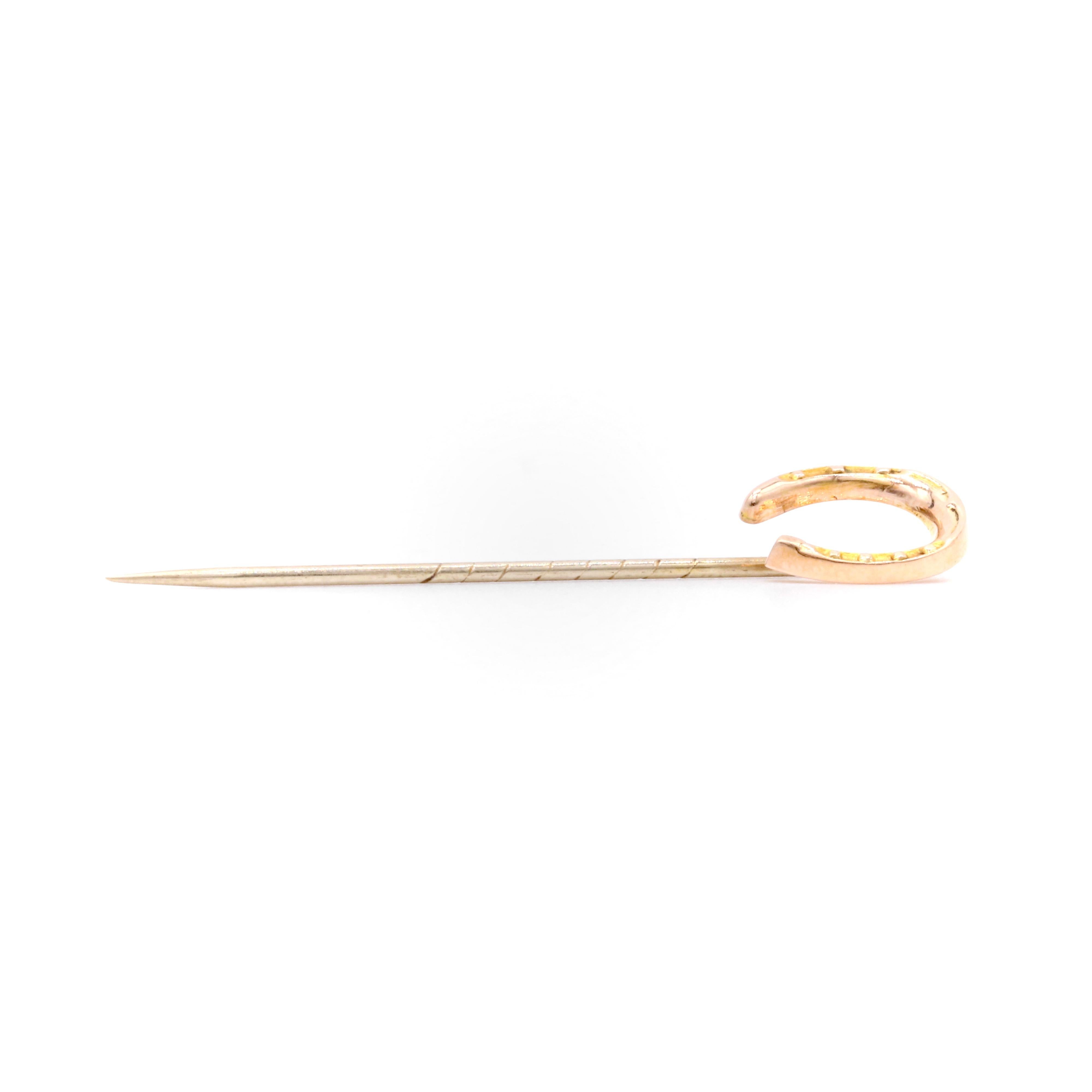 Antique Victorian 9K Yellow Gold and Silver Horseshoe Stick Pin For Sale 1