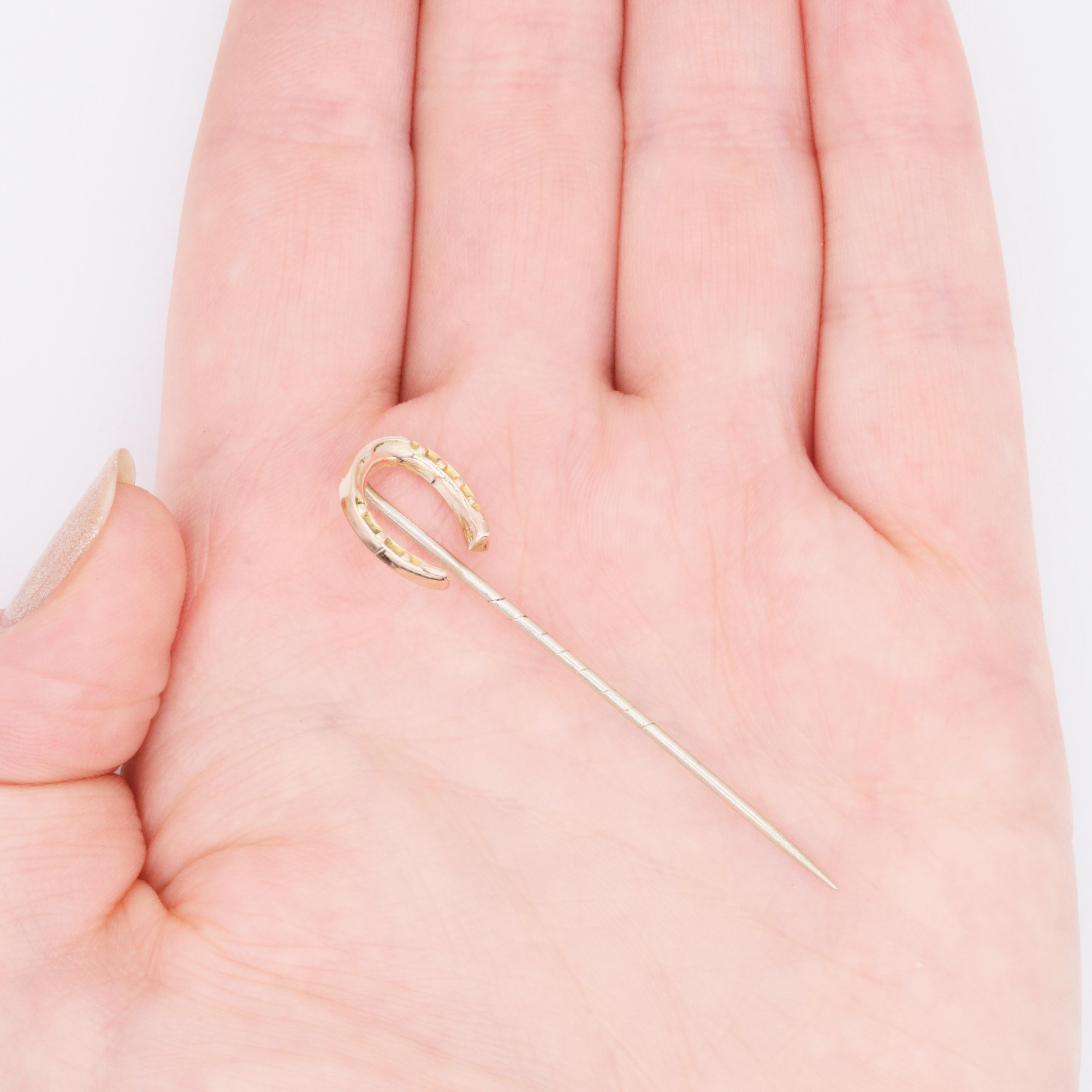 Antique Victorian 9K Yellow Gold and Silver Horseshoe Stick Pin For Sale 4