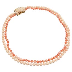 Antique Victorian 9k Yellow Gold Carved & Beaded Multi Strand Coral Necklace