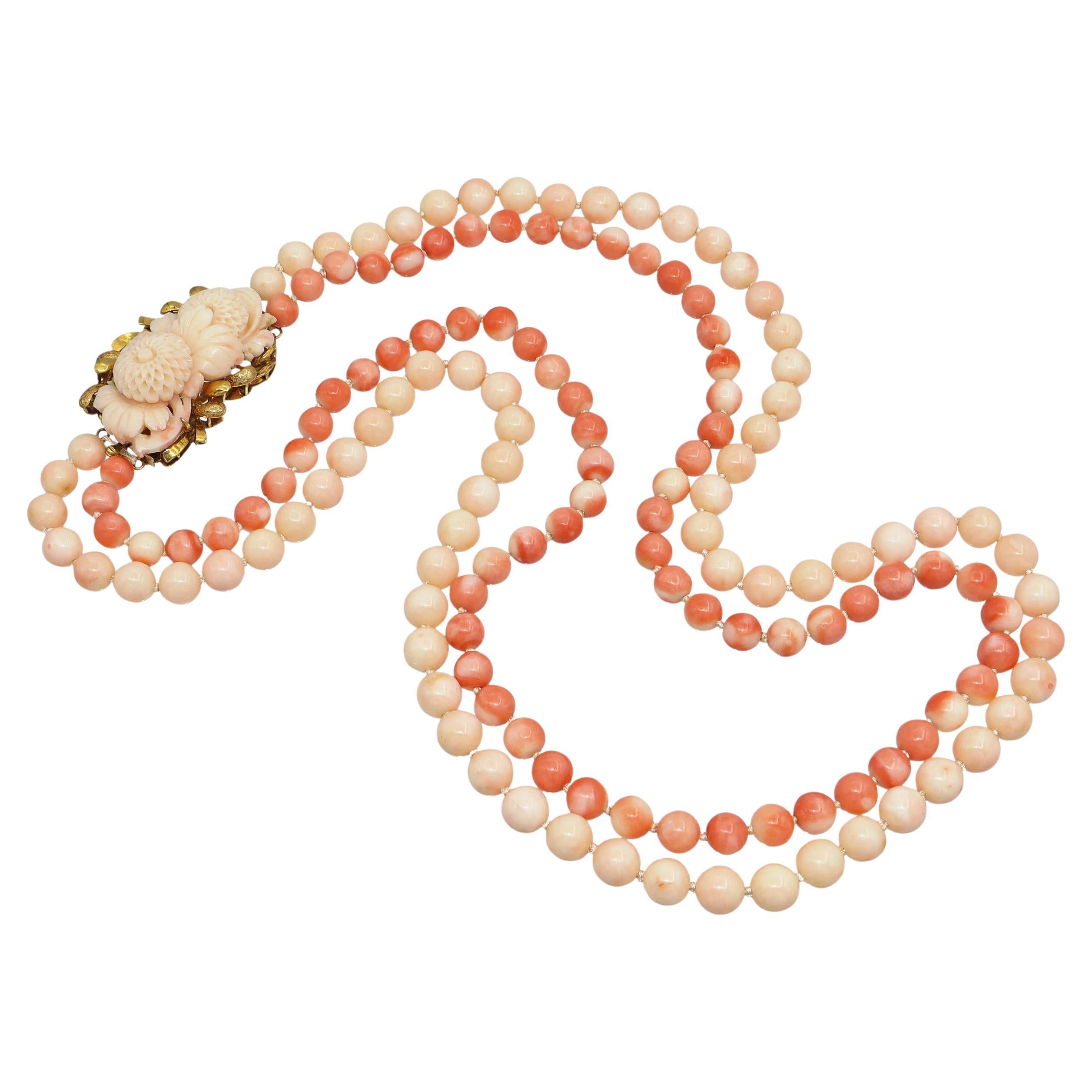 Antique collier victorien en or jaune 9k, sculpté et perlé, multi-brins de corail