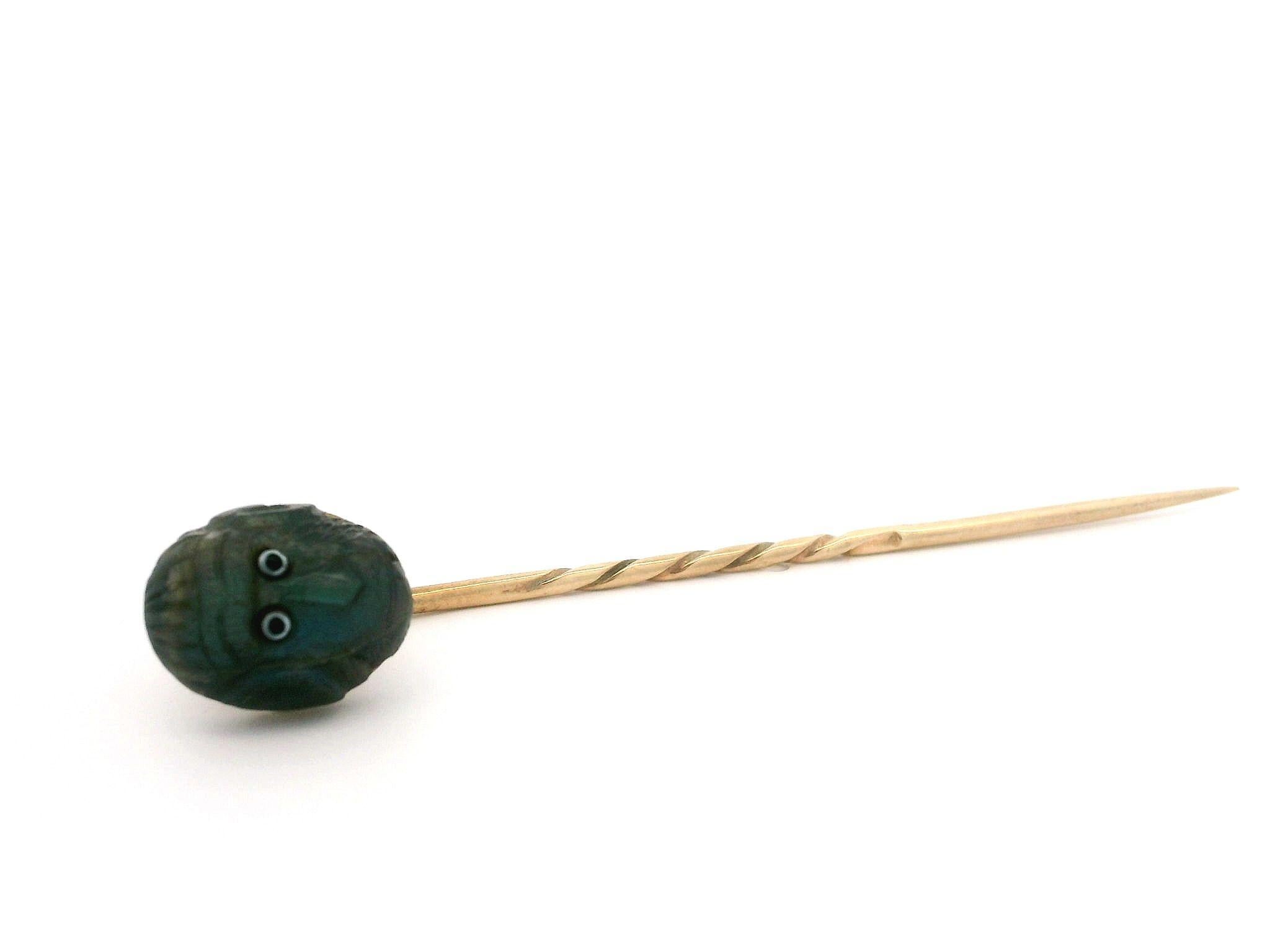 Women's Antique Victorian 9k Yellow Gold Carved Labradorite w/ Enamel Monkey Stick Pin For Sale