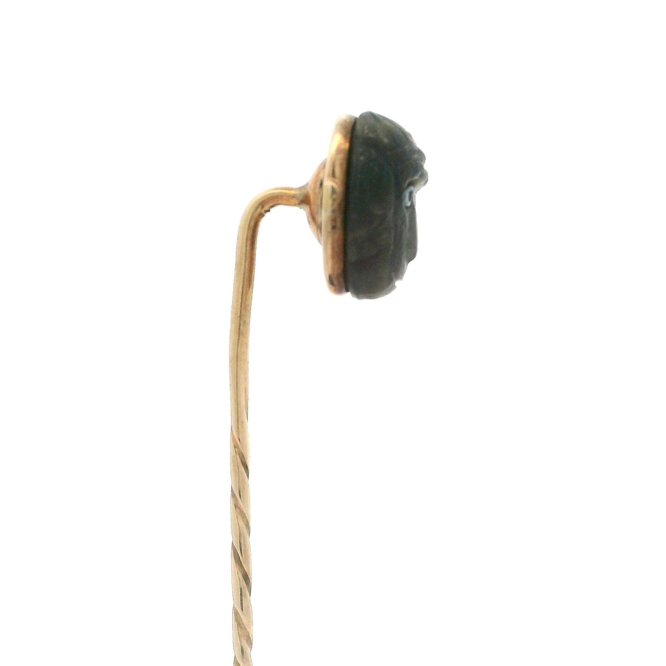 Antique Victorian 9k Yellow Gold Carved Labradorite w/ Enamel Monkey Stick Pin For Sale 1
