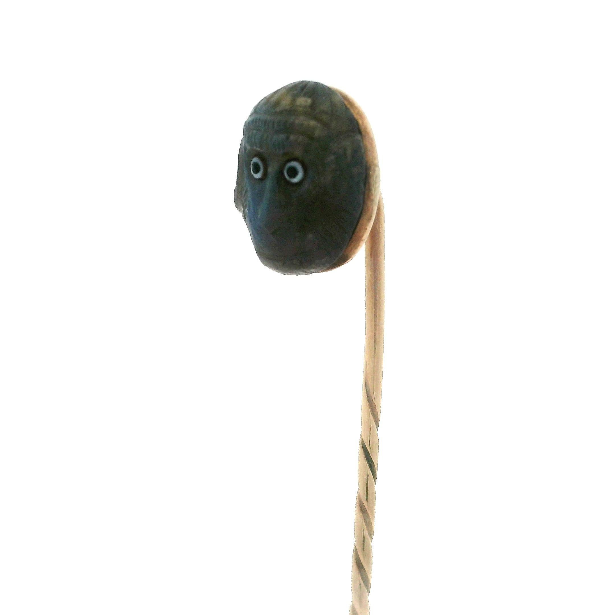 Antique Victorian 9k Yellow Gold Carved Labradorite w/ Enamel Monkey Stick Pin For Sale 2