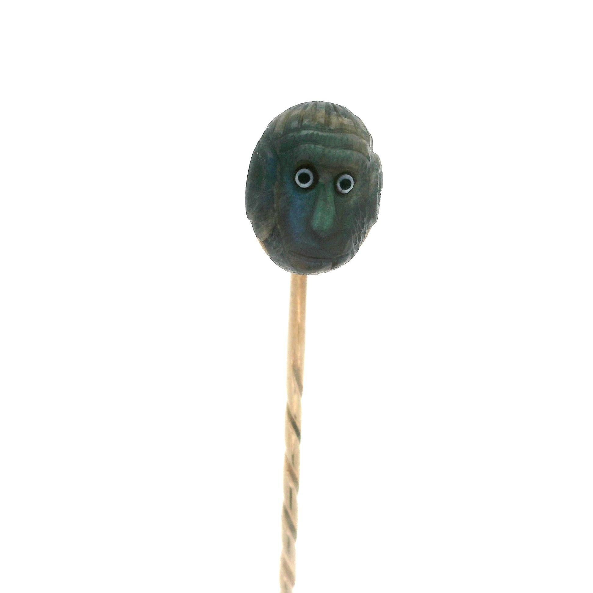 Antique Victorian 9k Yellow Gold Carved Labradorite w/ Enamel Monkey Stick Pin For Sale 3