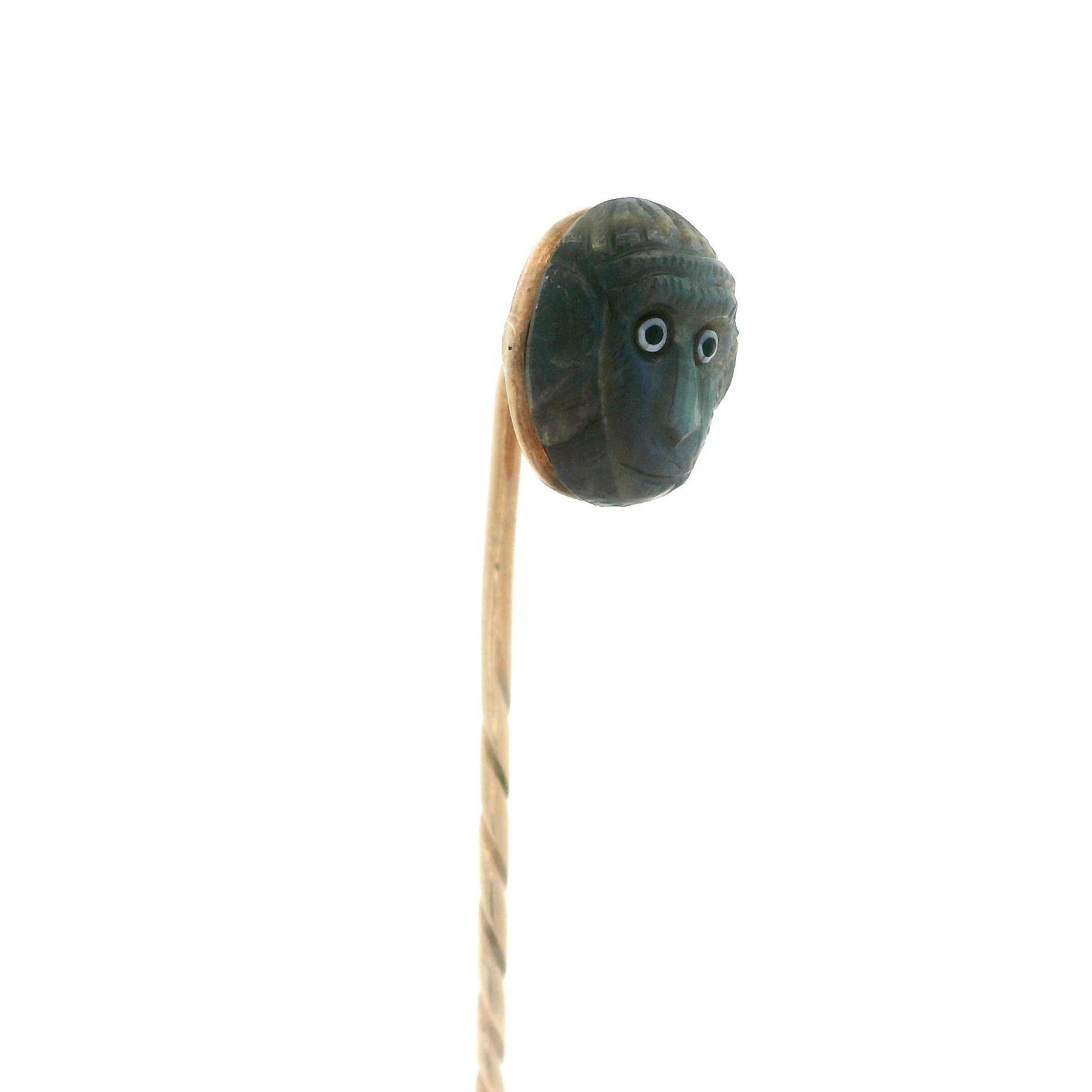 Antique Victorian 9k Yellow Gold Carved Labradorite w/ Enamel Monkey Stick Pin For Sale 4