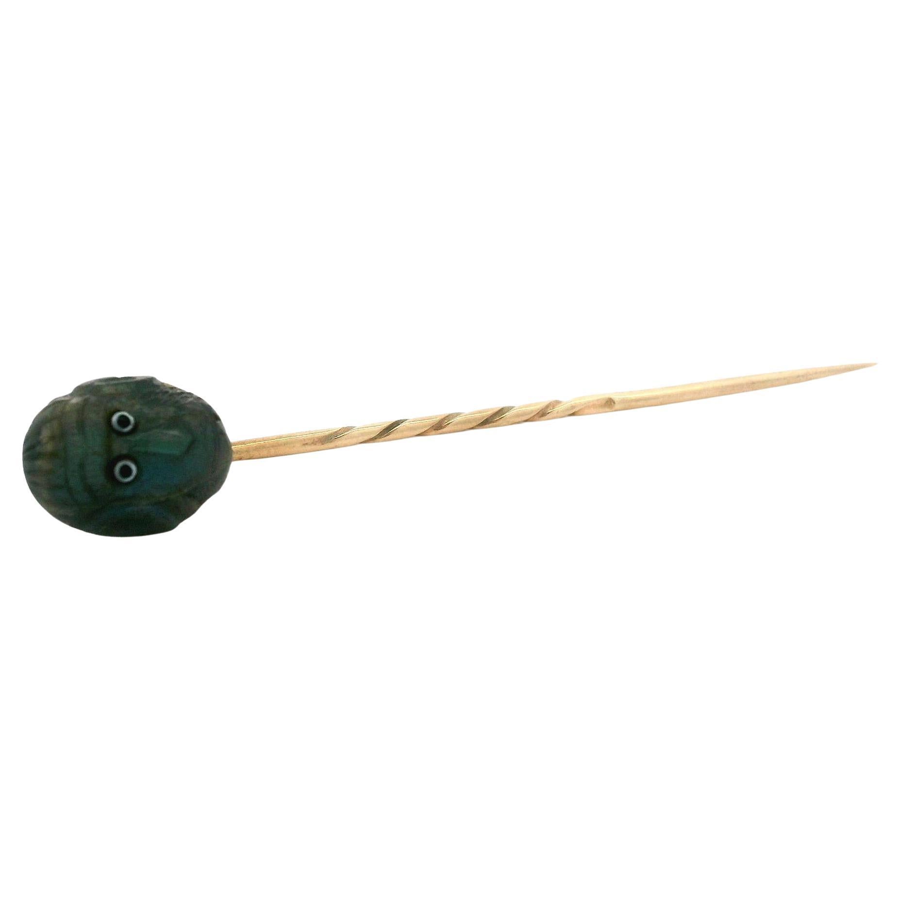 Antique Victorian 9k Yellow Gold Carved Labradorite w/ Enamel Monkey Stick Pin